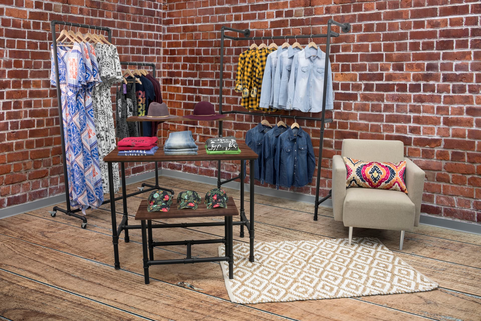 Small Pipe Display Table Showcasing Hats in a Store Setting