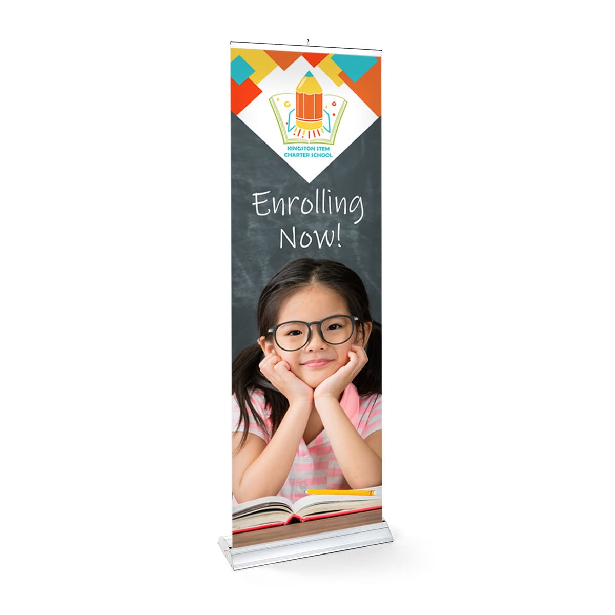 Premium wide base retractable banner stand measures 24 inches wide