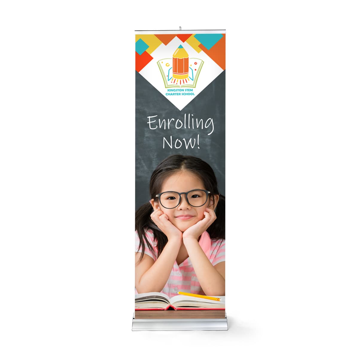 Premium wide base retractable banner stand with full color artwork