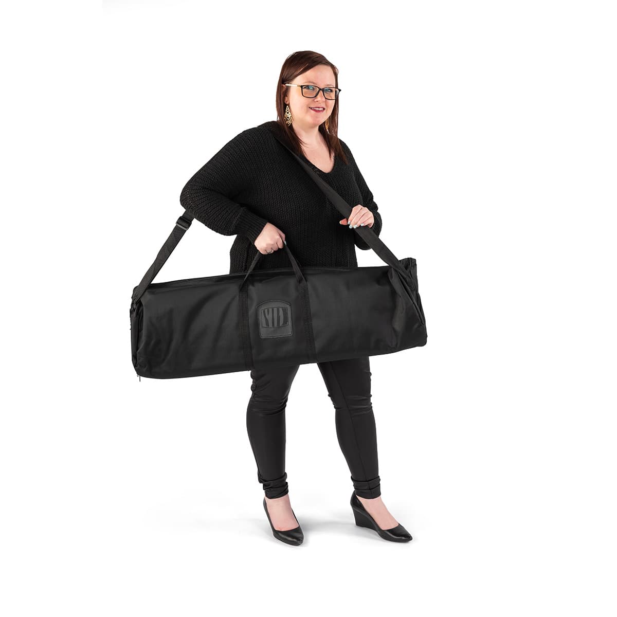 Premium wide base retractable banner stand with black carry tote