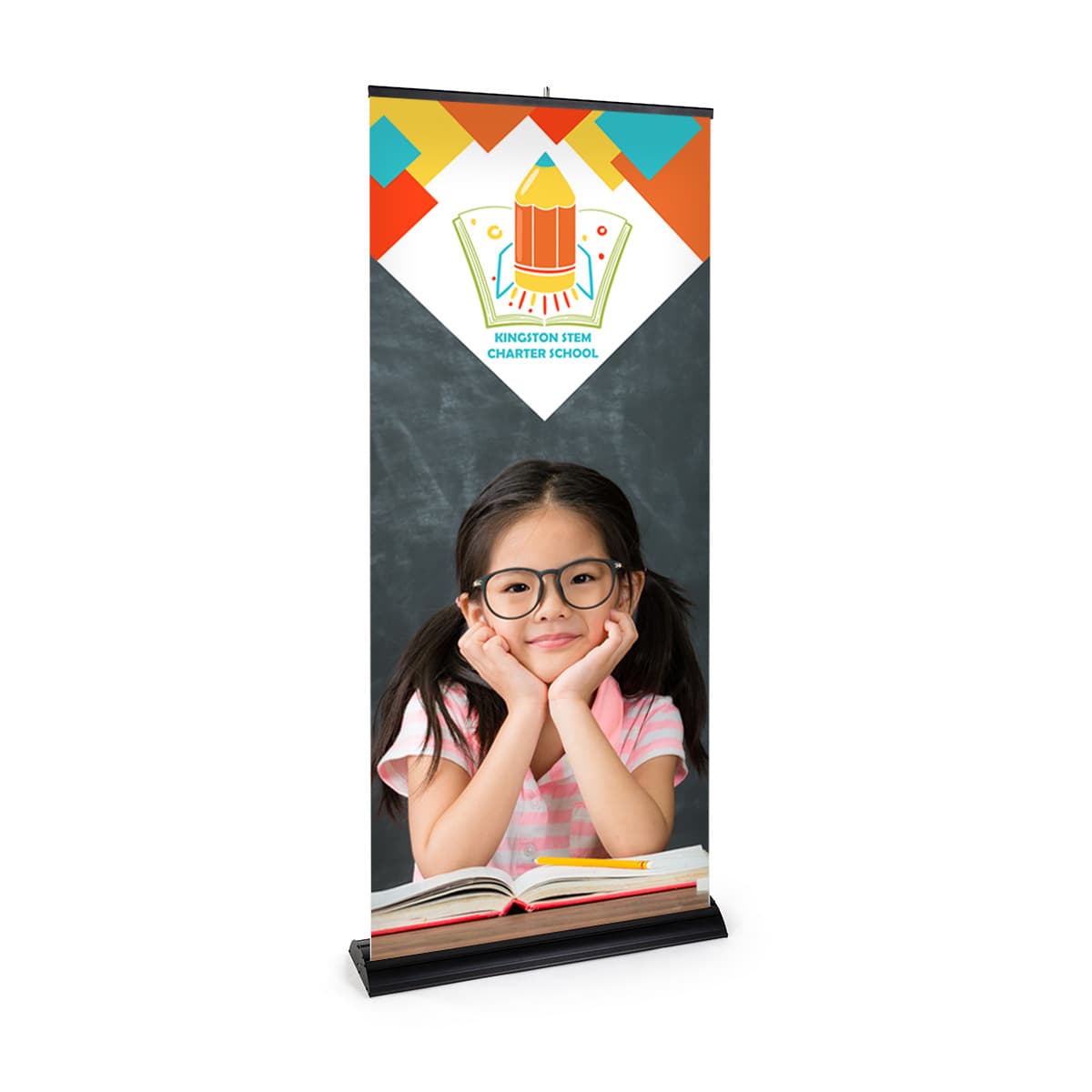 Premium wide base retractable banner stand with custom artwork 