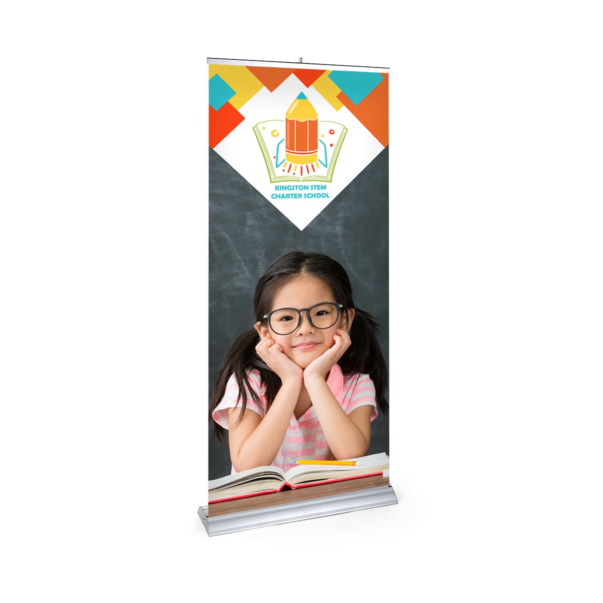 Premium wide base retractable banner stand with 33 inch wide frame
