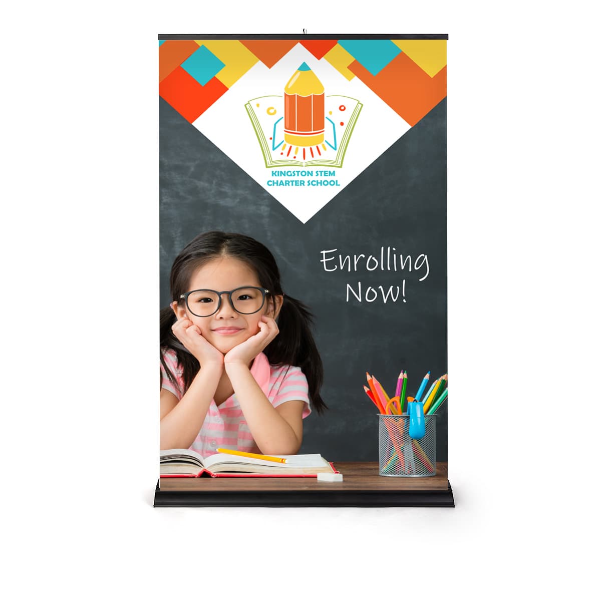 Premium wide base retractable banner stand with custom graphic panel