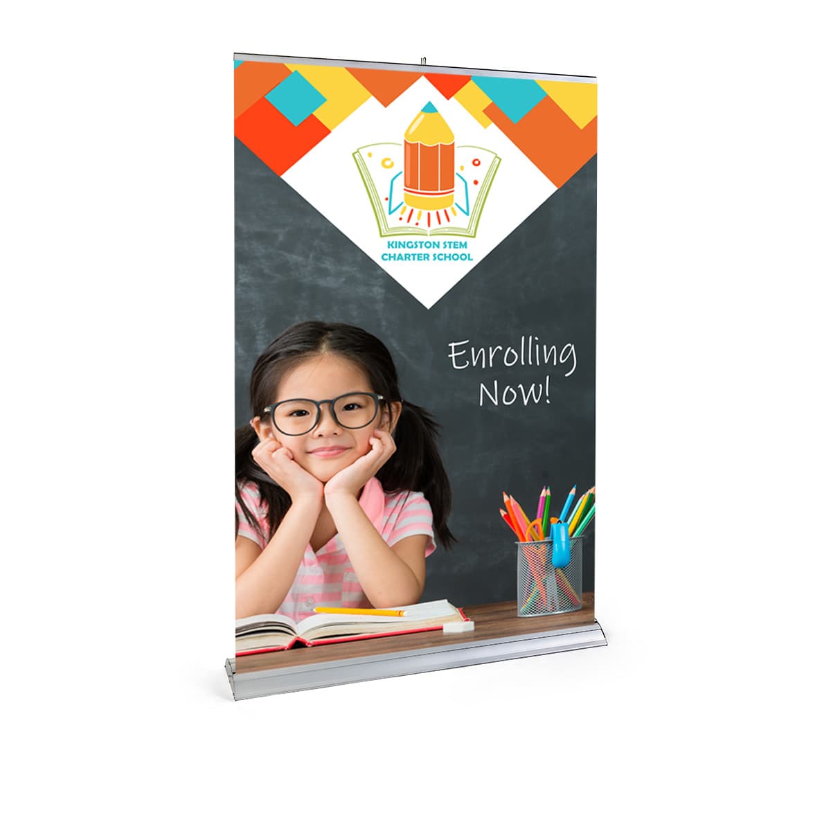 Premium wide base retractable banner stand with full color graphics