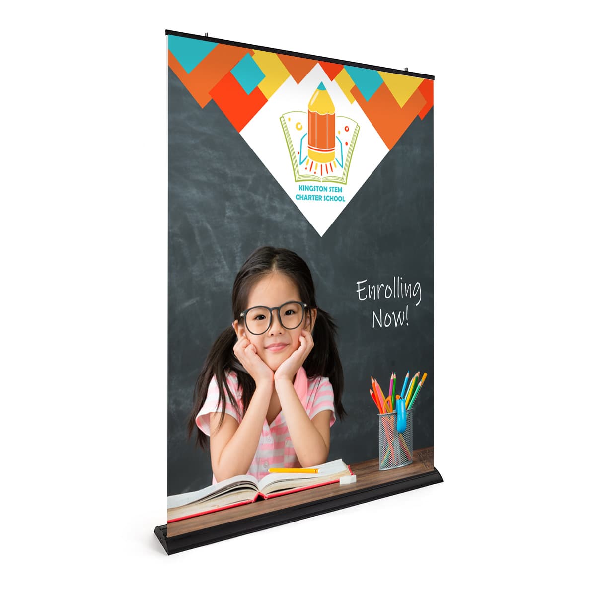 Premium wide base retractable banner stand with 62 inch frame