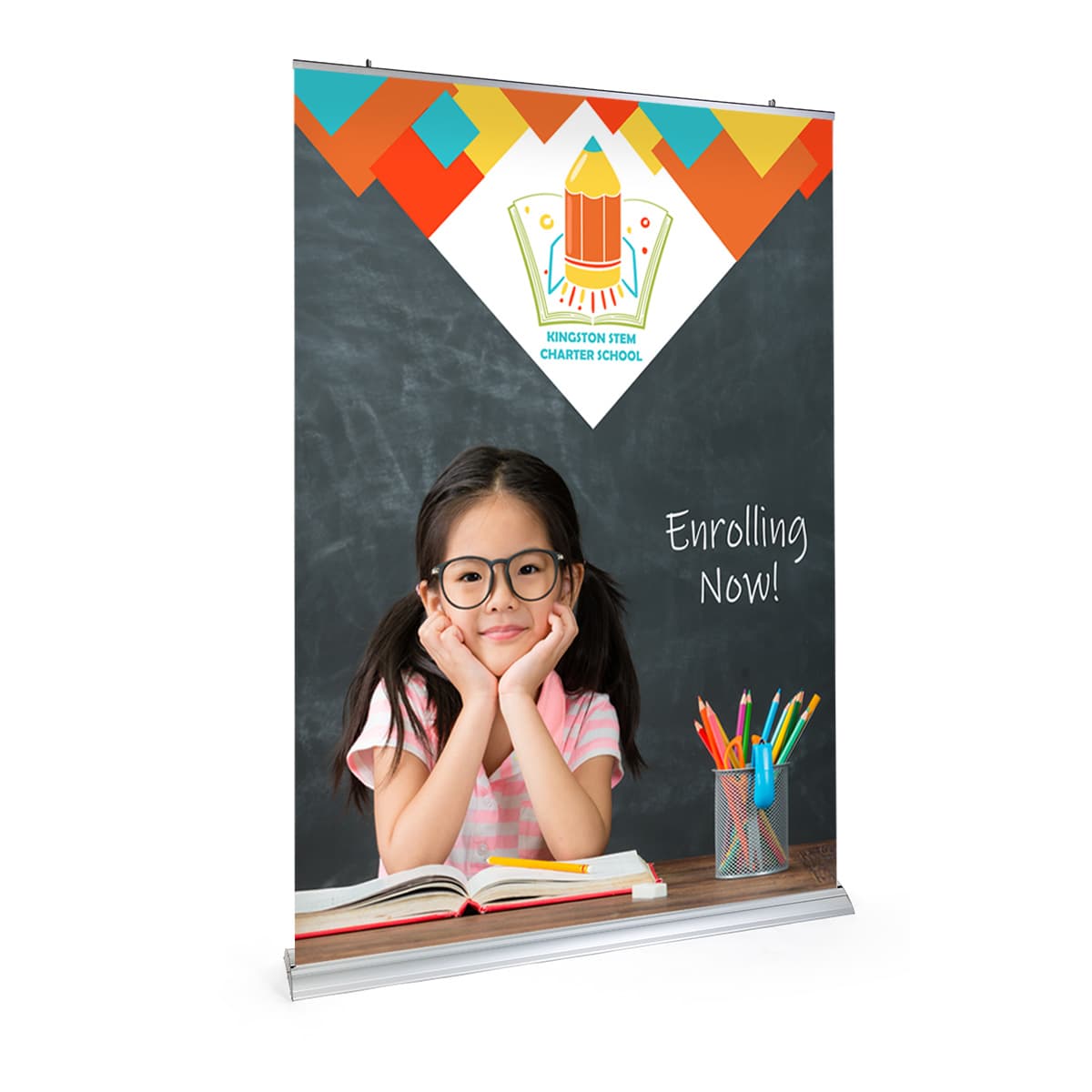 Premium wide base retractable banner stand for floorstanding placement