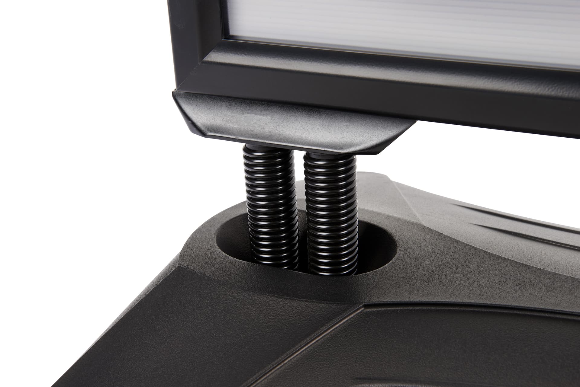 Poster frame is affixed to the base with (2) large springs that help prevent sign from tipping with wind