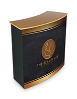 Promotional front graphic for CNTPUVL series pop-up counters with velcro for easy installation