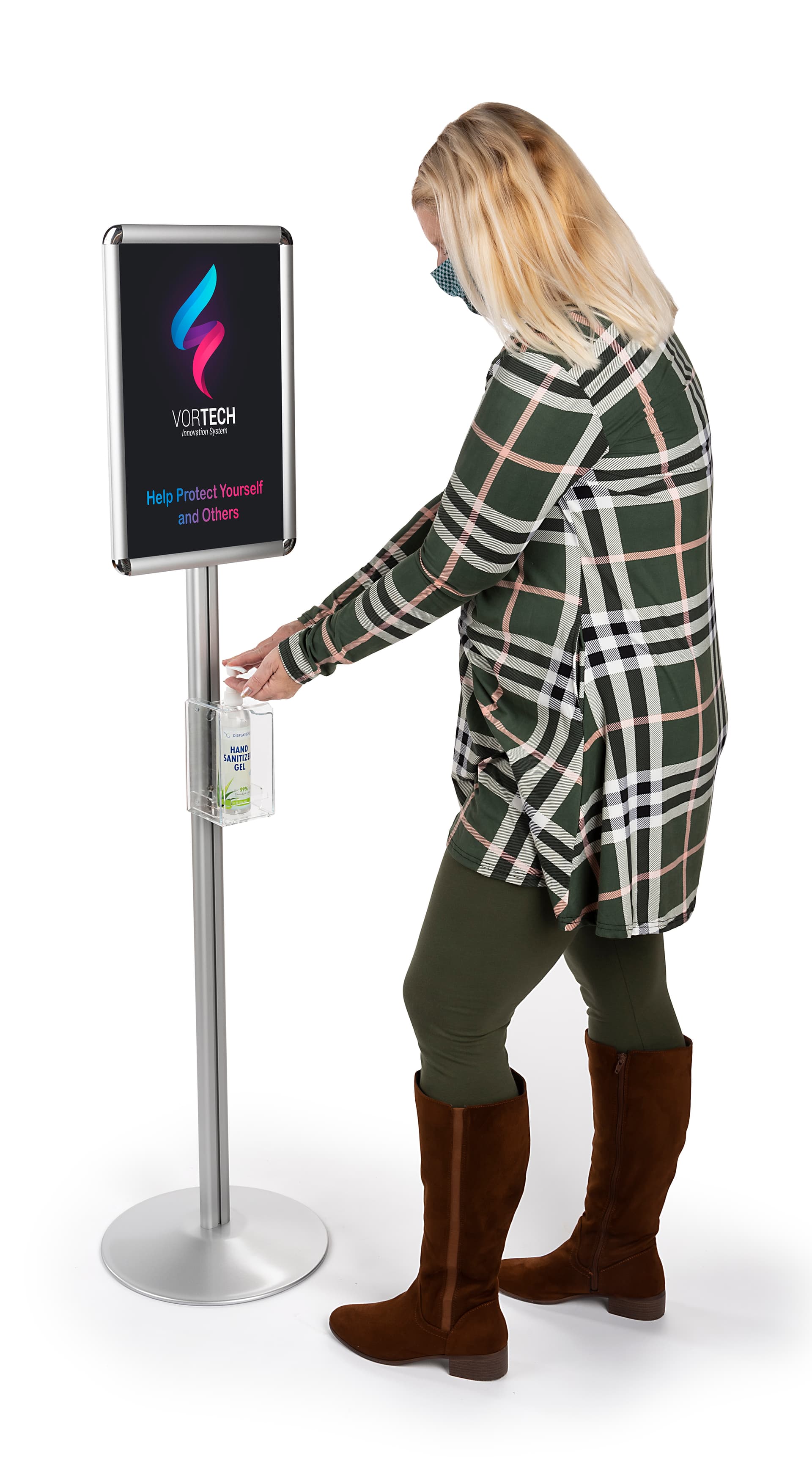Floor standing hand sanitizer holder accommodates 8 oz bottles