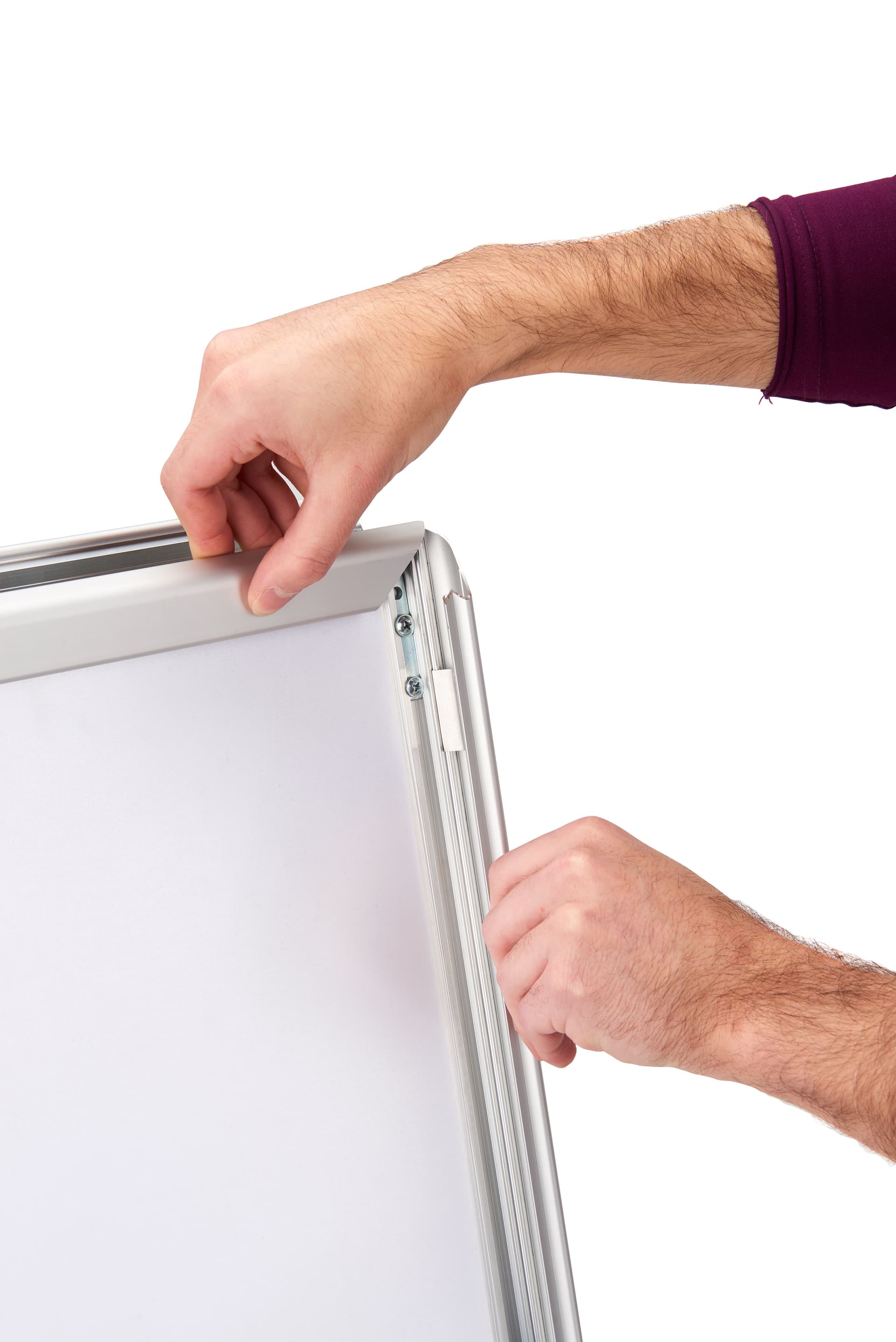 A-frame snap frame clicks open so that ads can be replaced easily