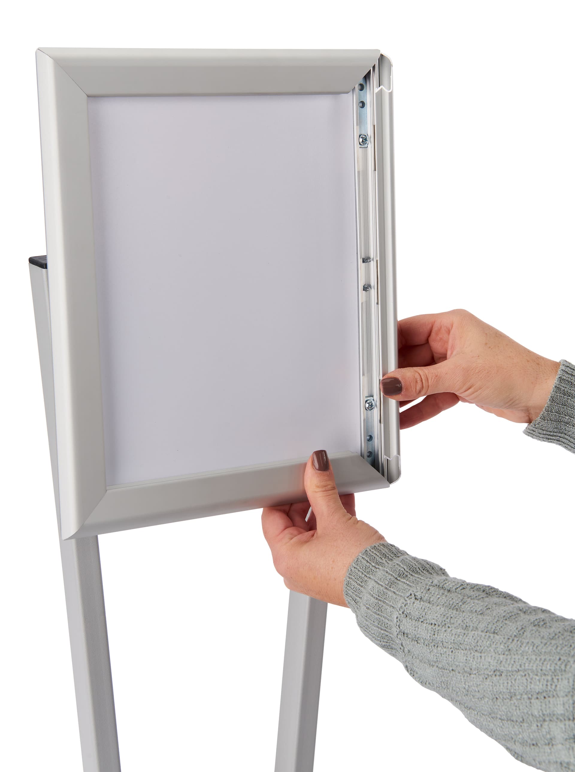 Snap open edges to easily switch out your signs