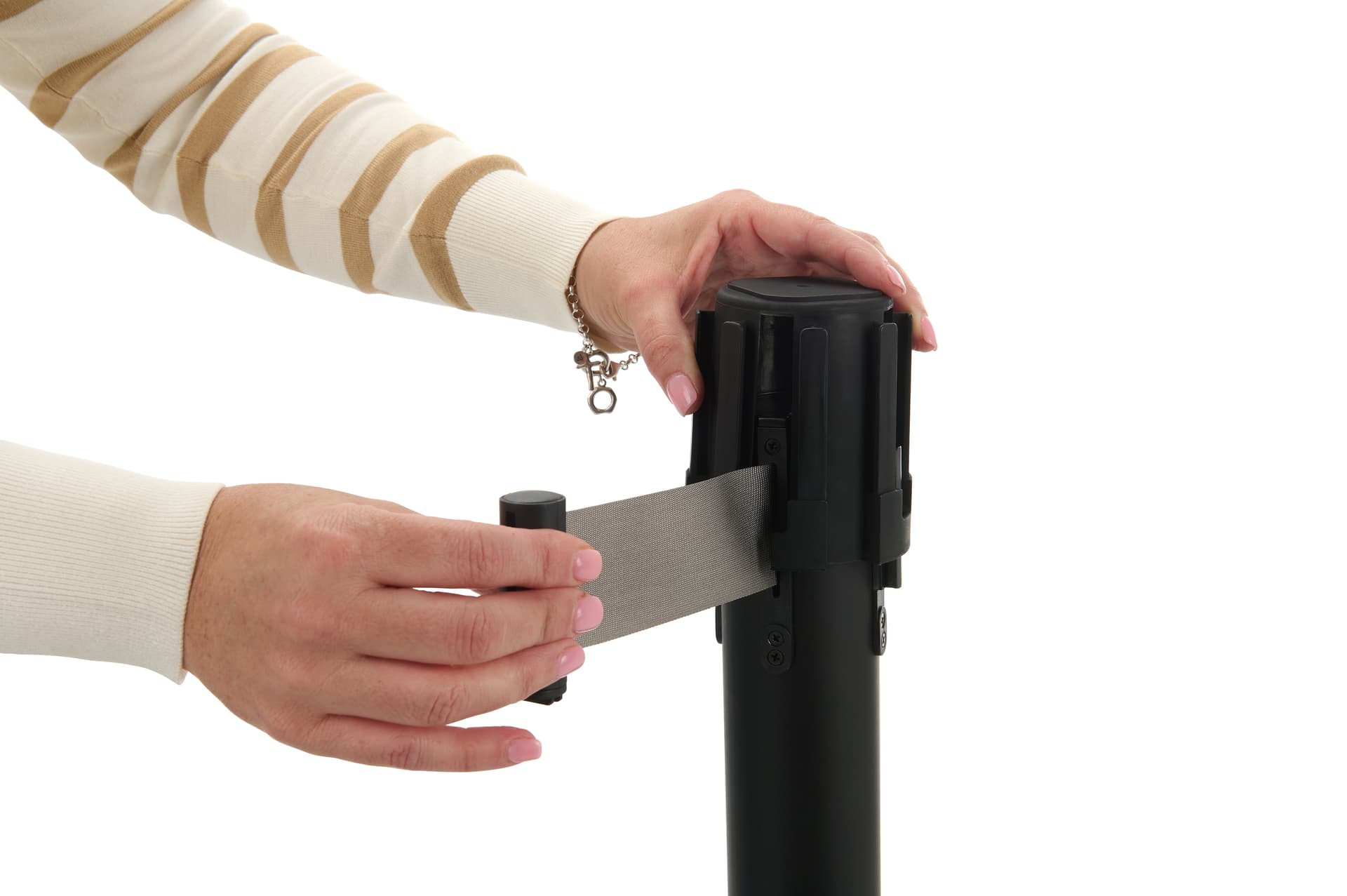 Retractable banner for stanchion pole adapters fit easily over most standard 2.5" stanchion poles