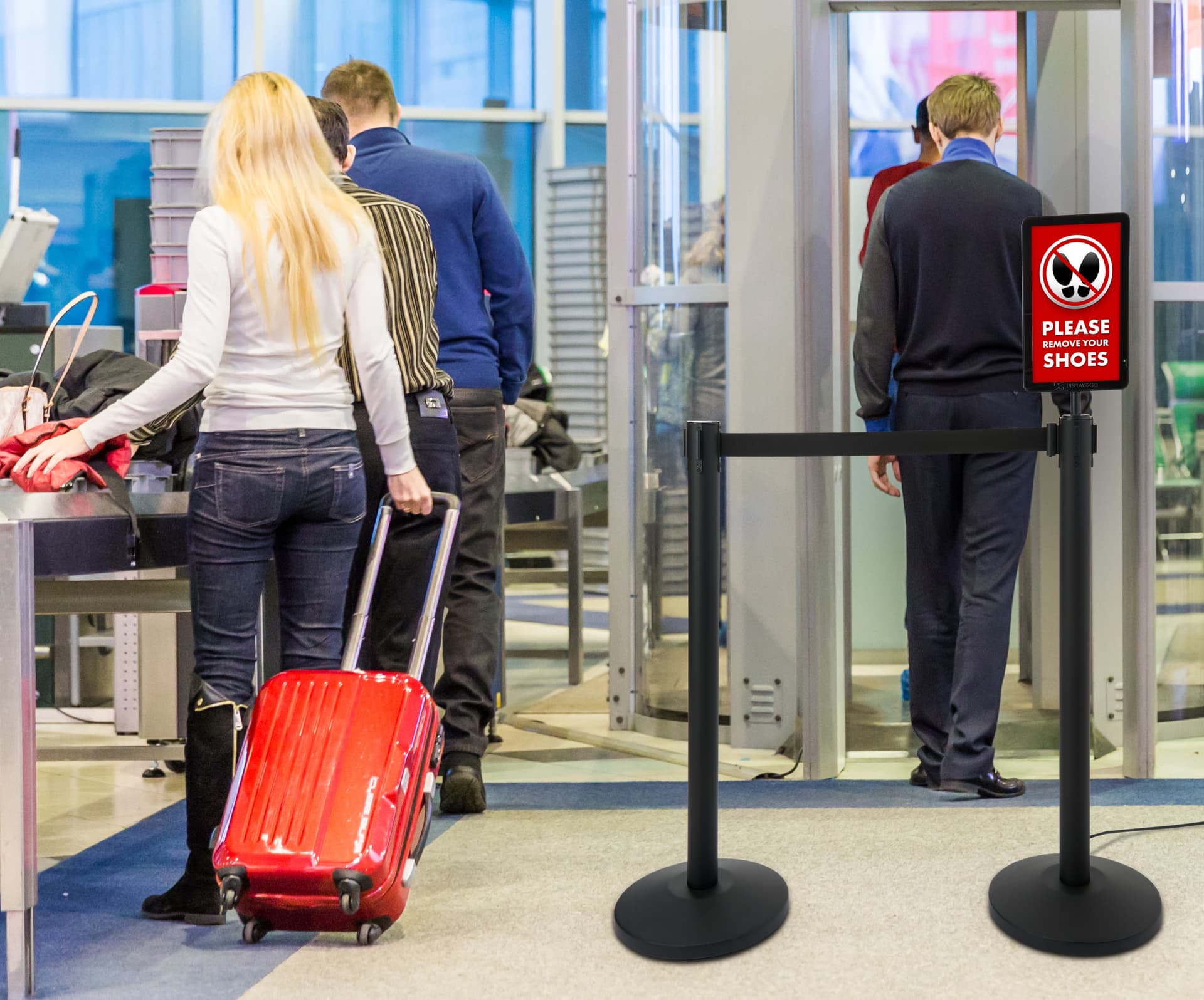 Floor standing digital sign stanchion with LCD screen for instructions