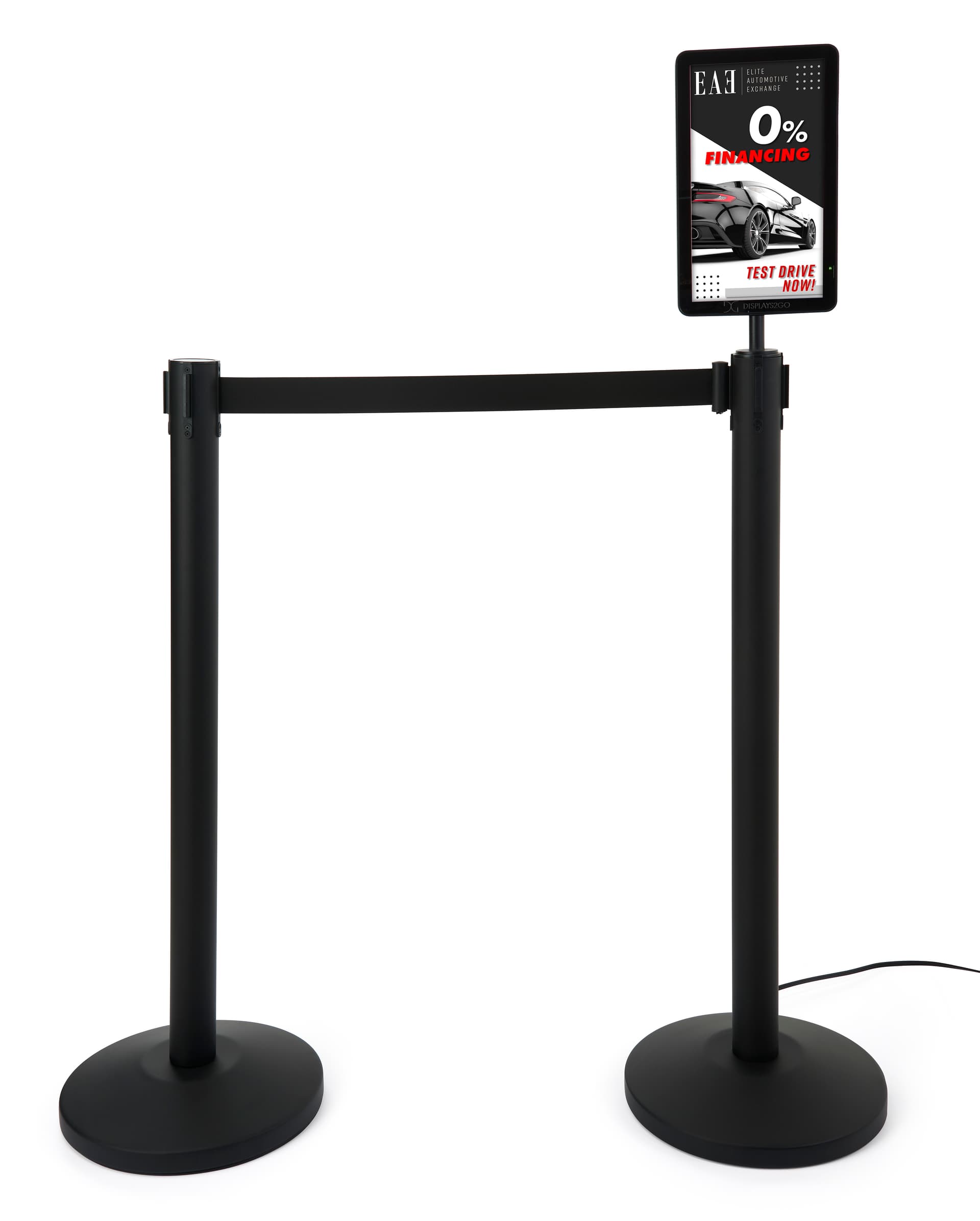 Floor standing digital sign stanchion with a 4-way adapter 