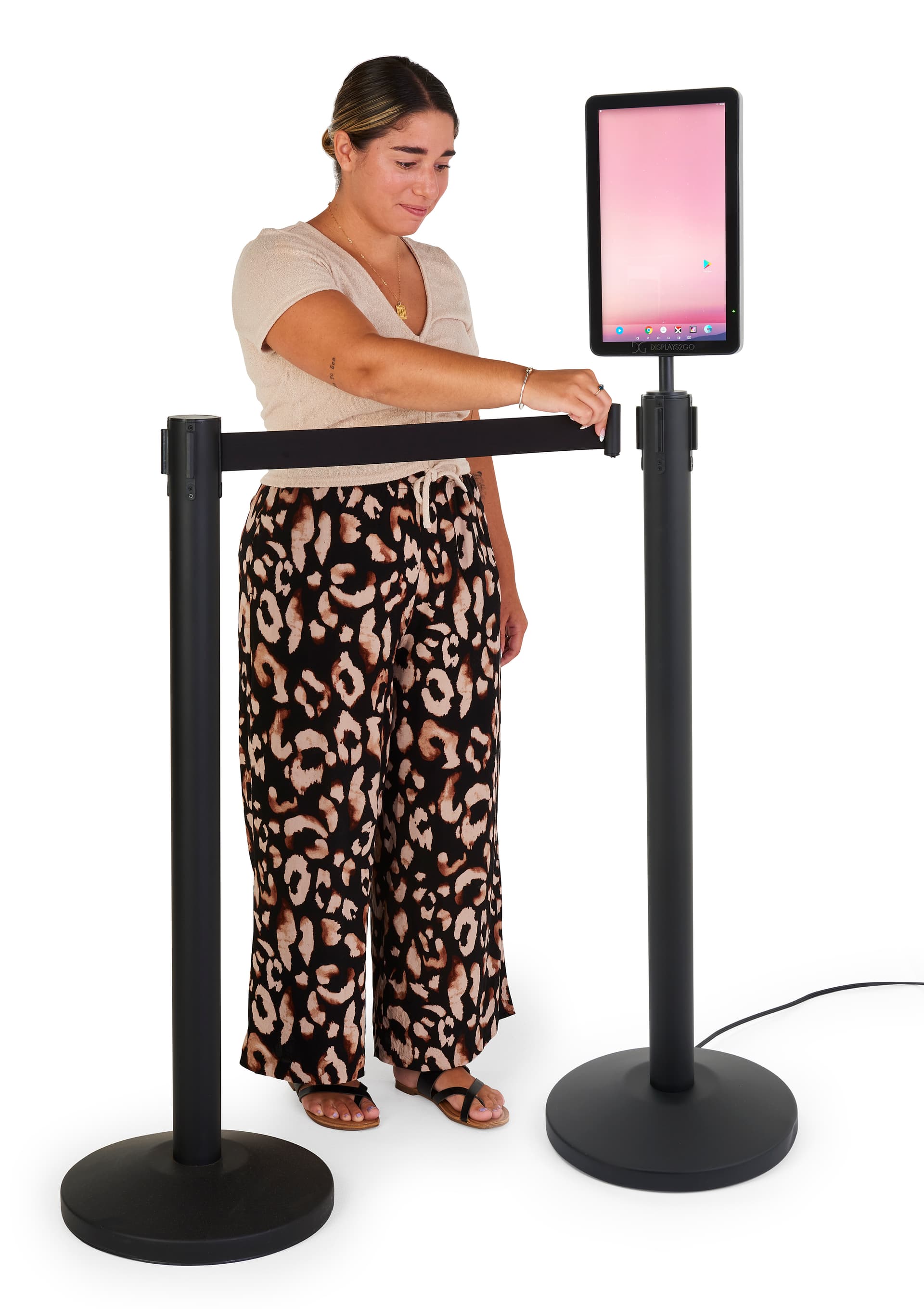Floor standing digital sign stanchion accommodates other QueuePoles 
