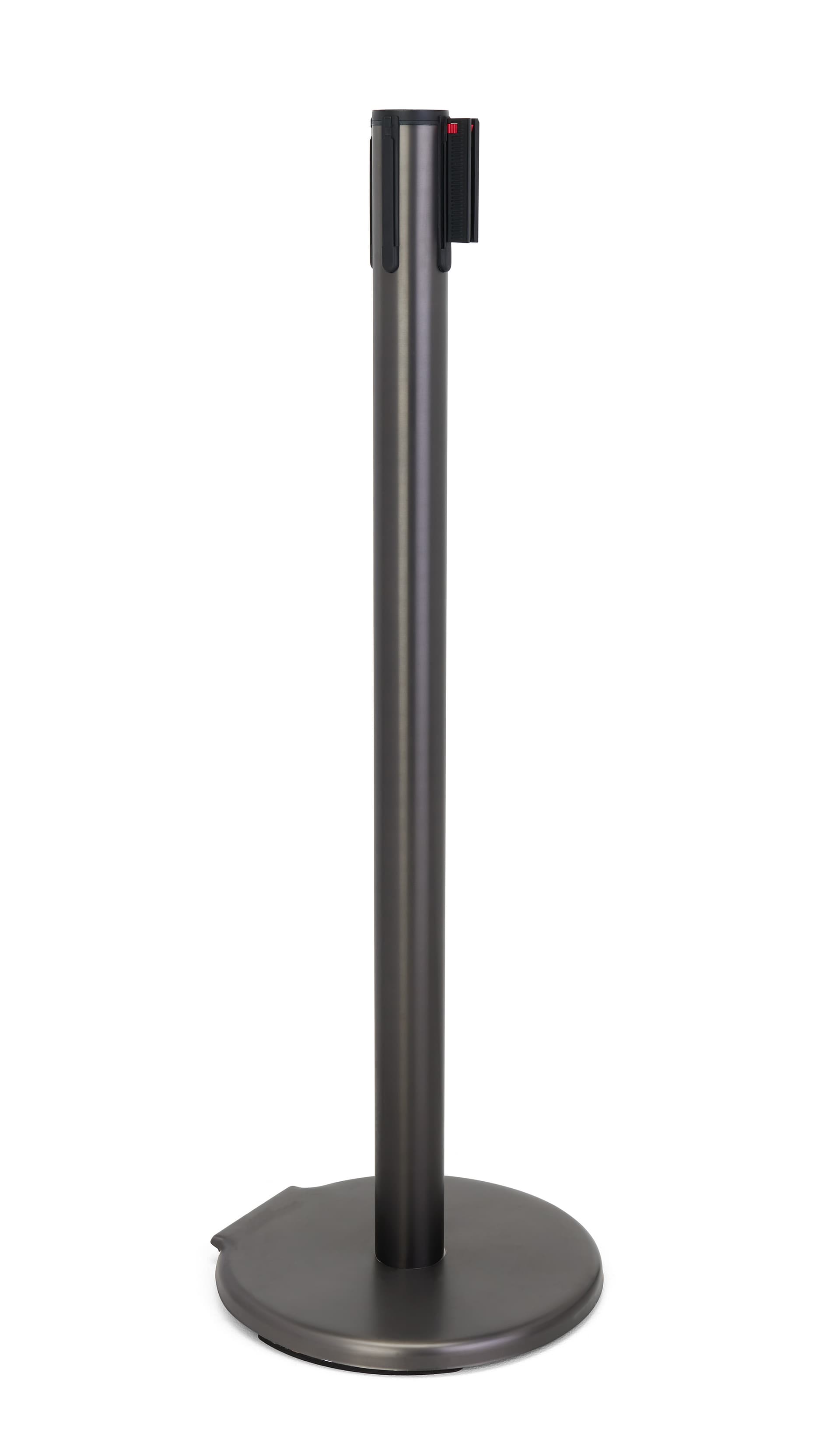 These retractable belt stanchions are a graphite metallic color