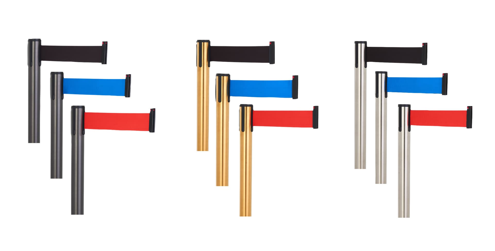 These retractable belt stanchions have a variety of color options