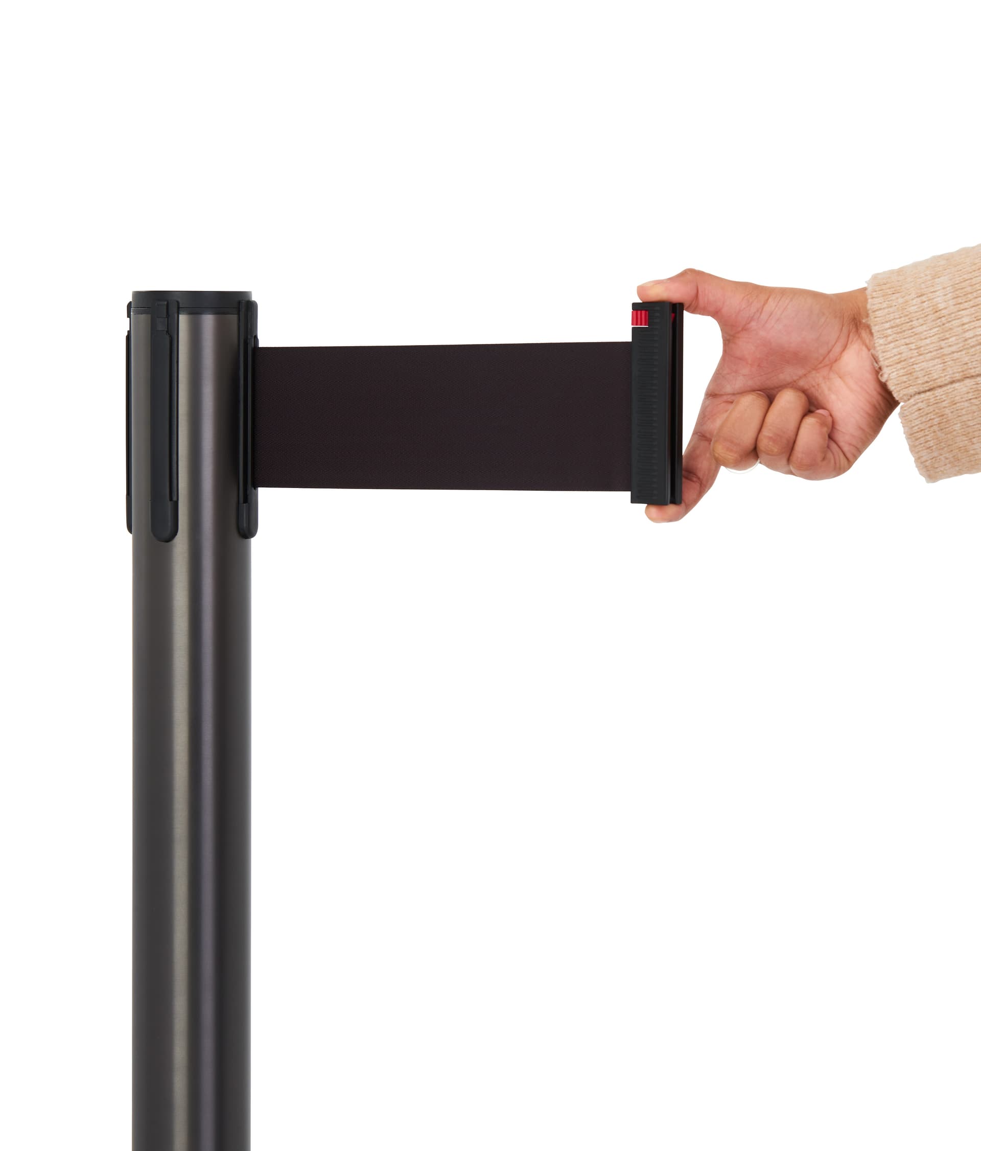 These retractable belt stanchions have a nylon belt