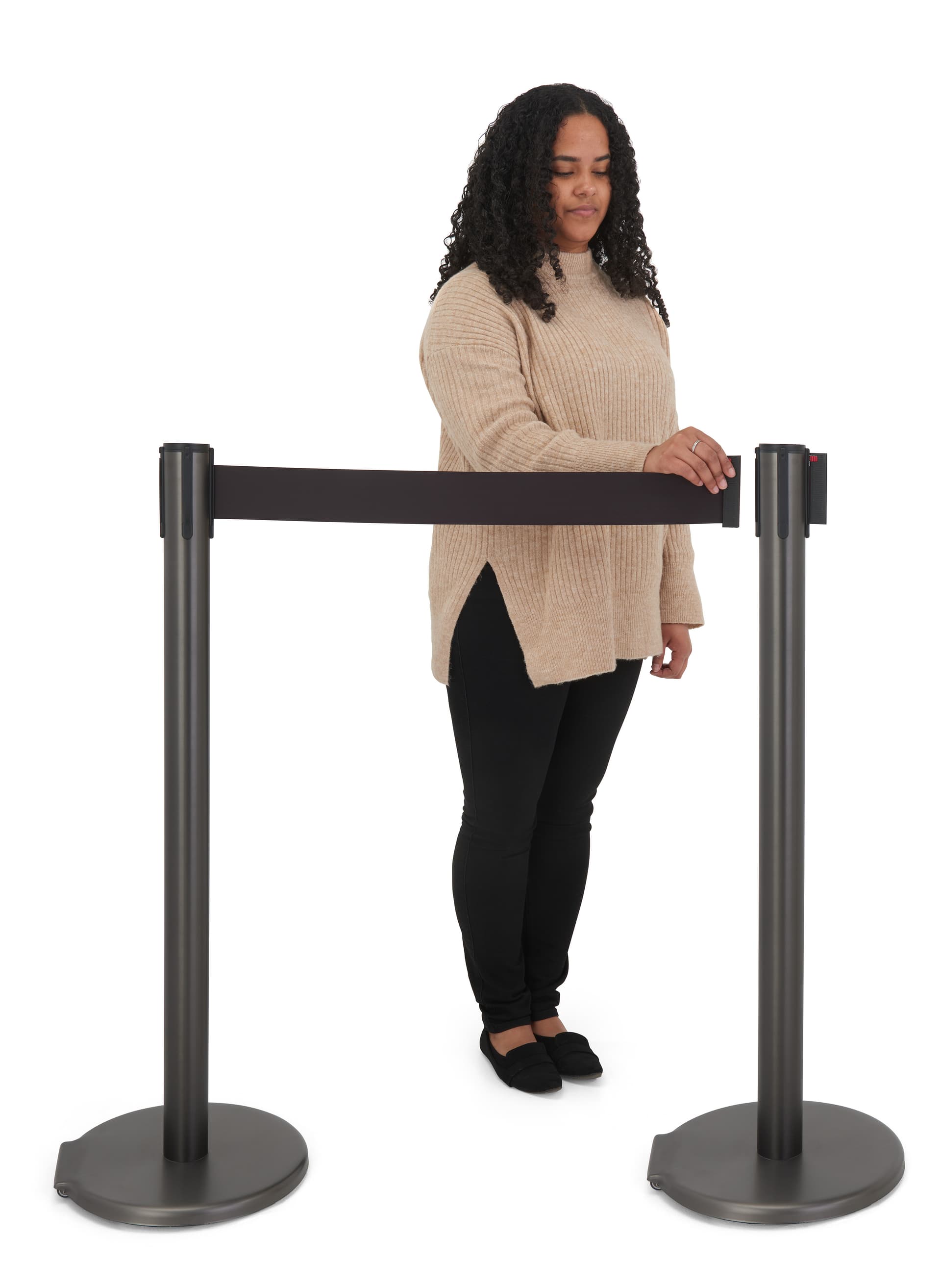 These retractable belt stanchions have a 10 foot long black belt