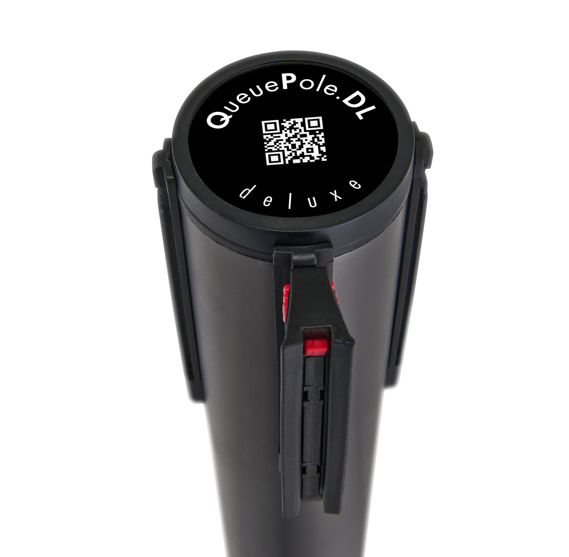 These retractable belt stanchions have a red auto-locking design