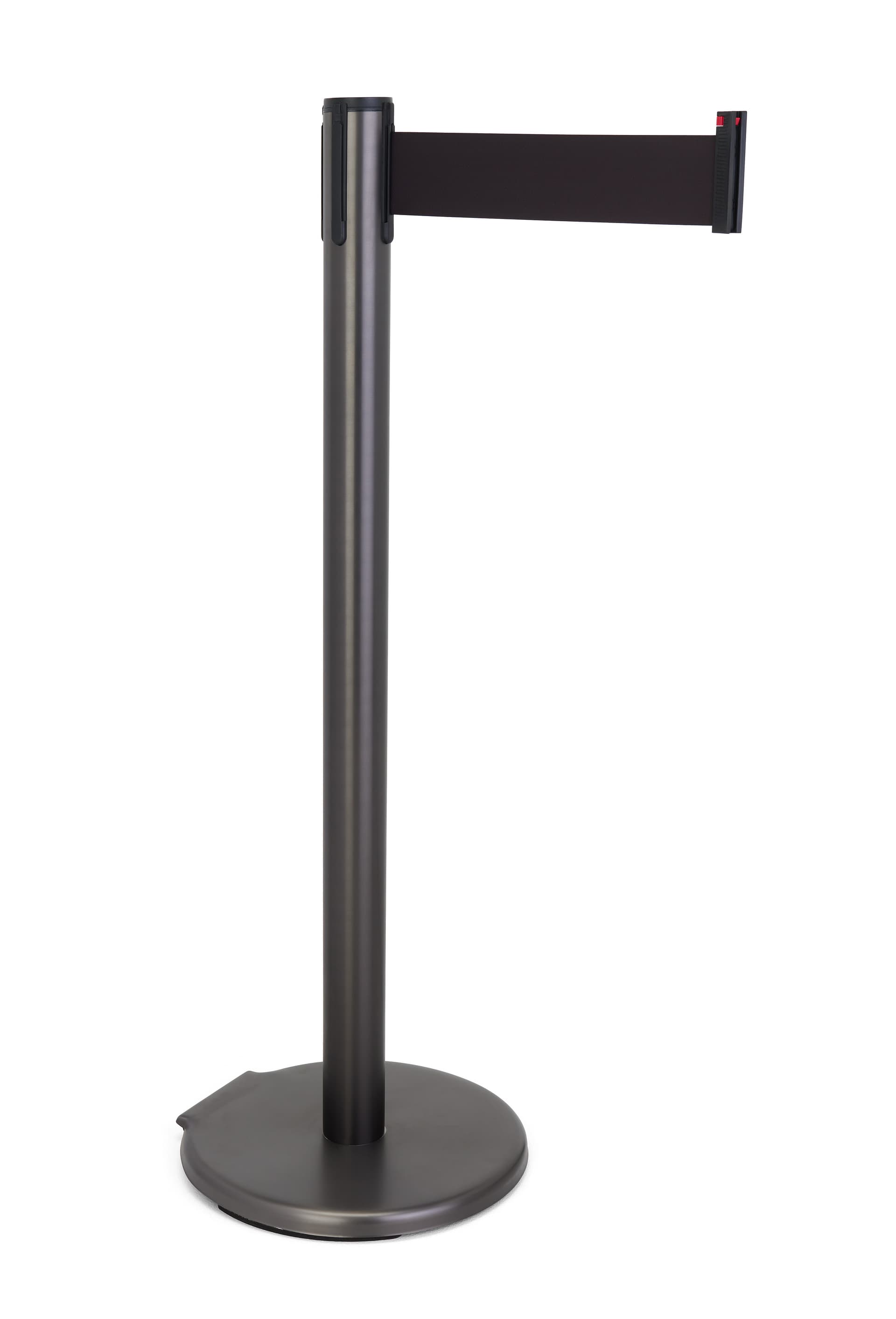 These retractable belt stanchions have a graphite metallic finish 