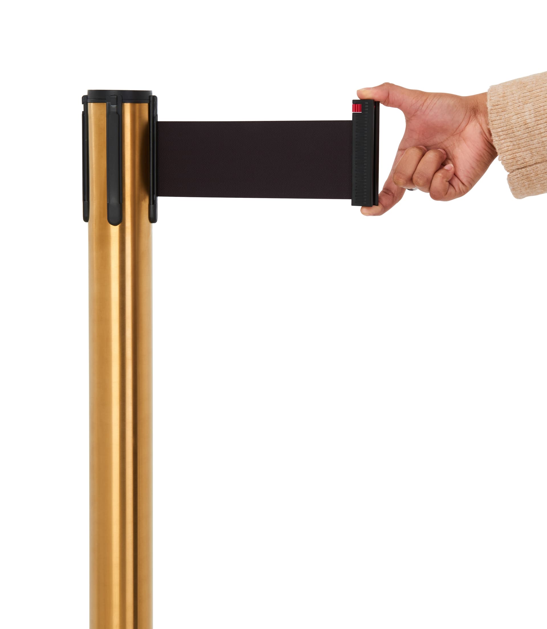 These retractable belt stanchions have 10 feet of black nylon fabric