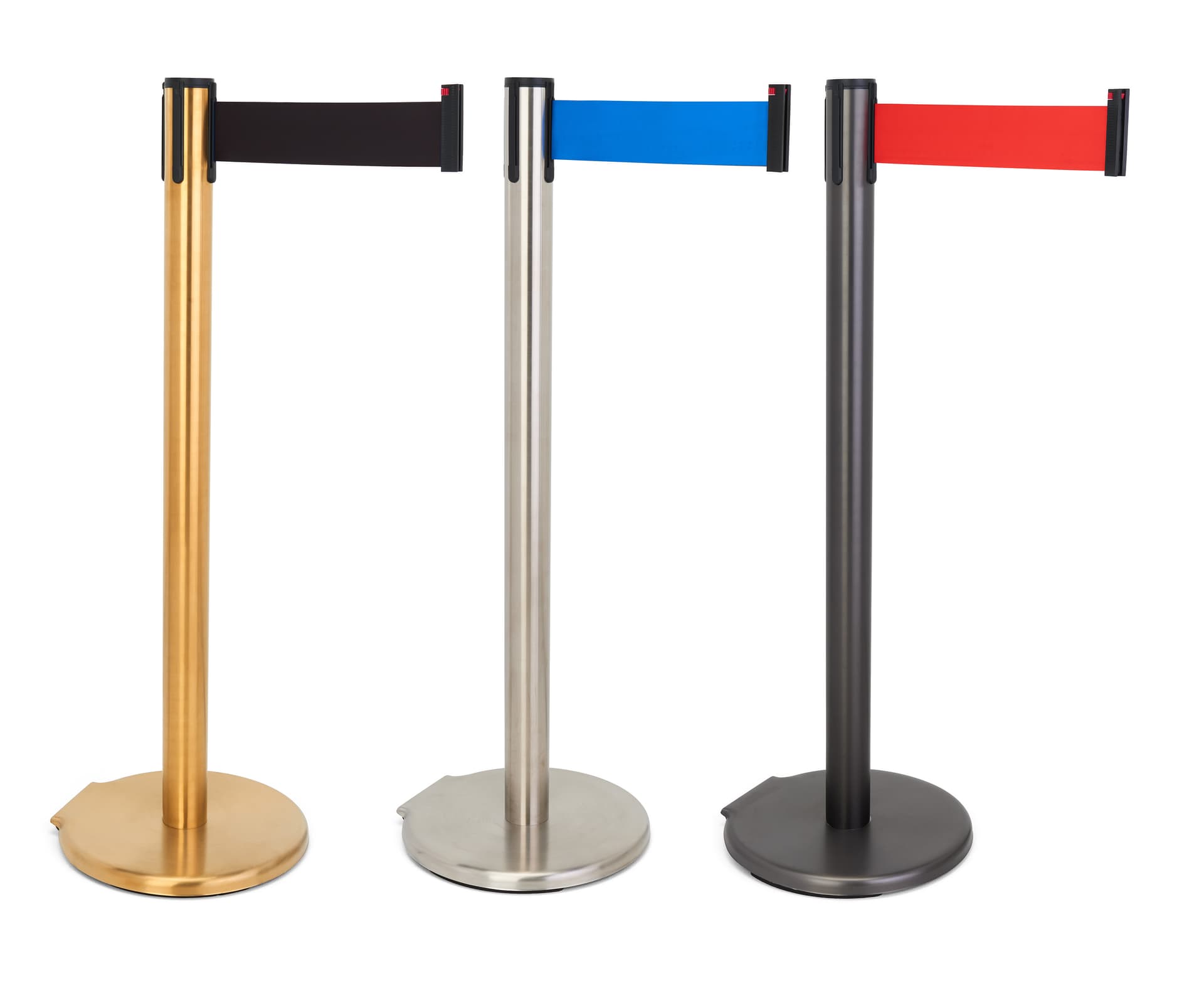 These retractable belt stanchions have multiple color options