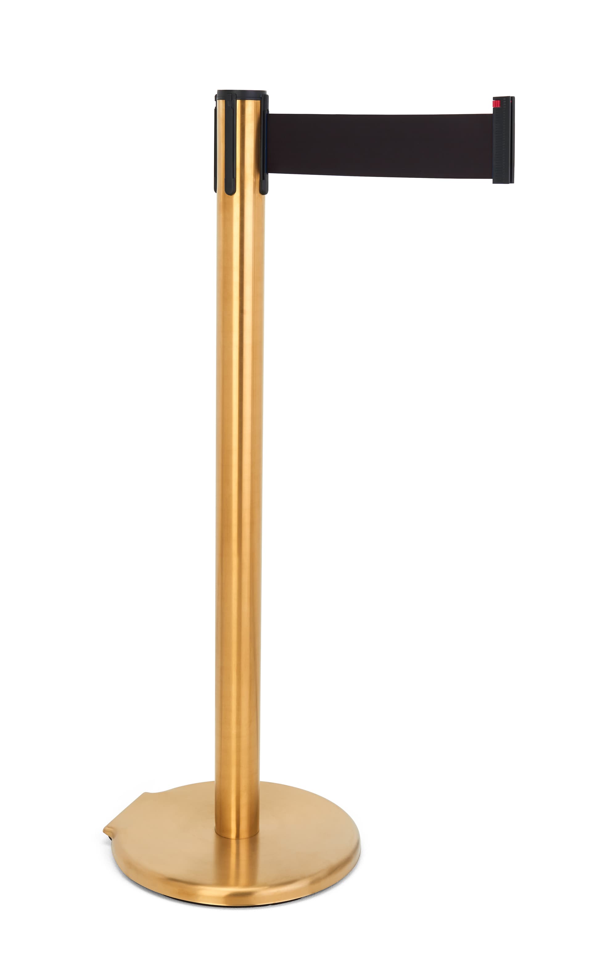 These retractable belt stanchions have black nylon material