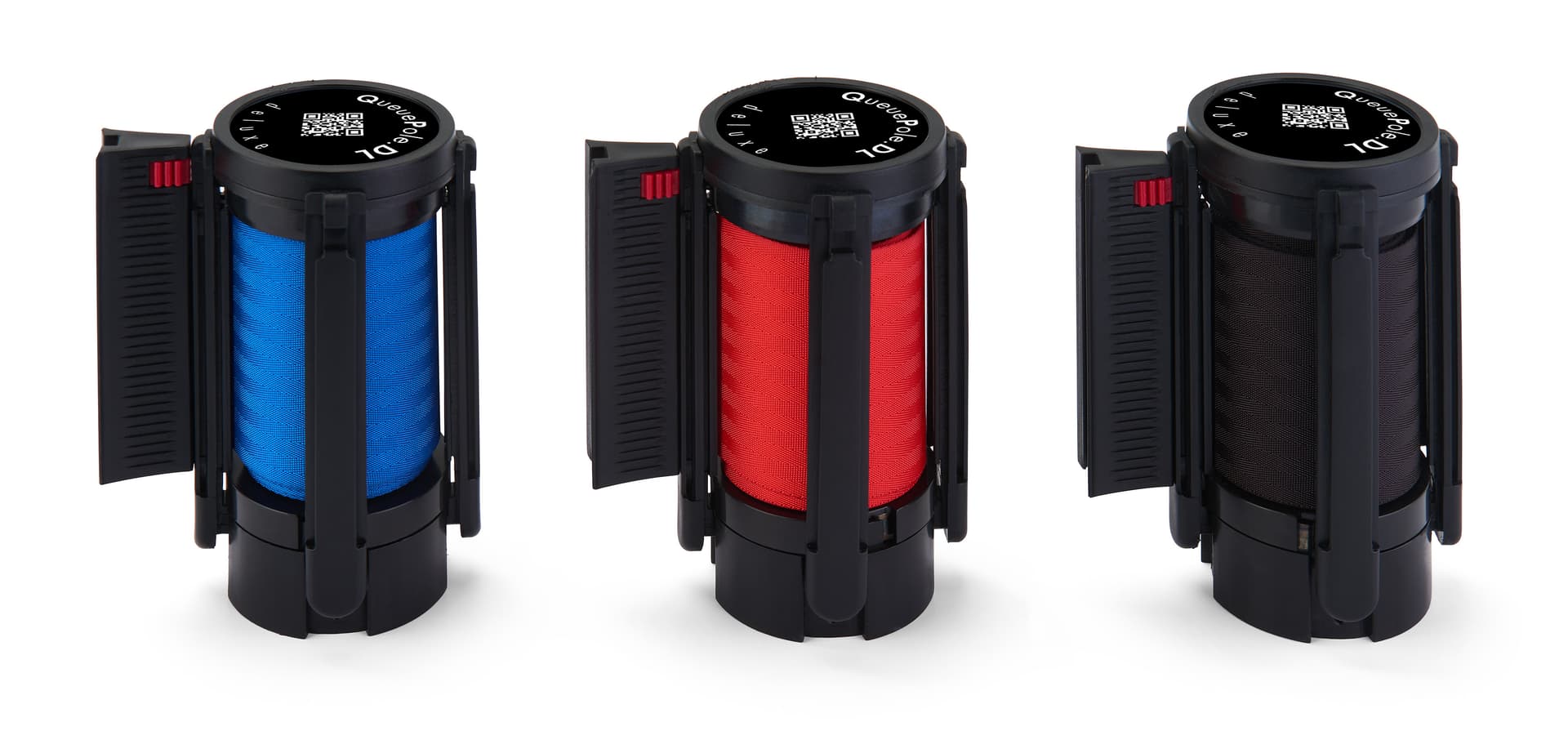 These retractable belt stanchions have red, black and blue nylon material