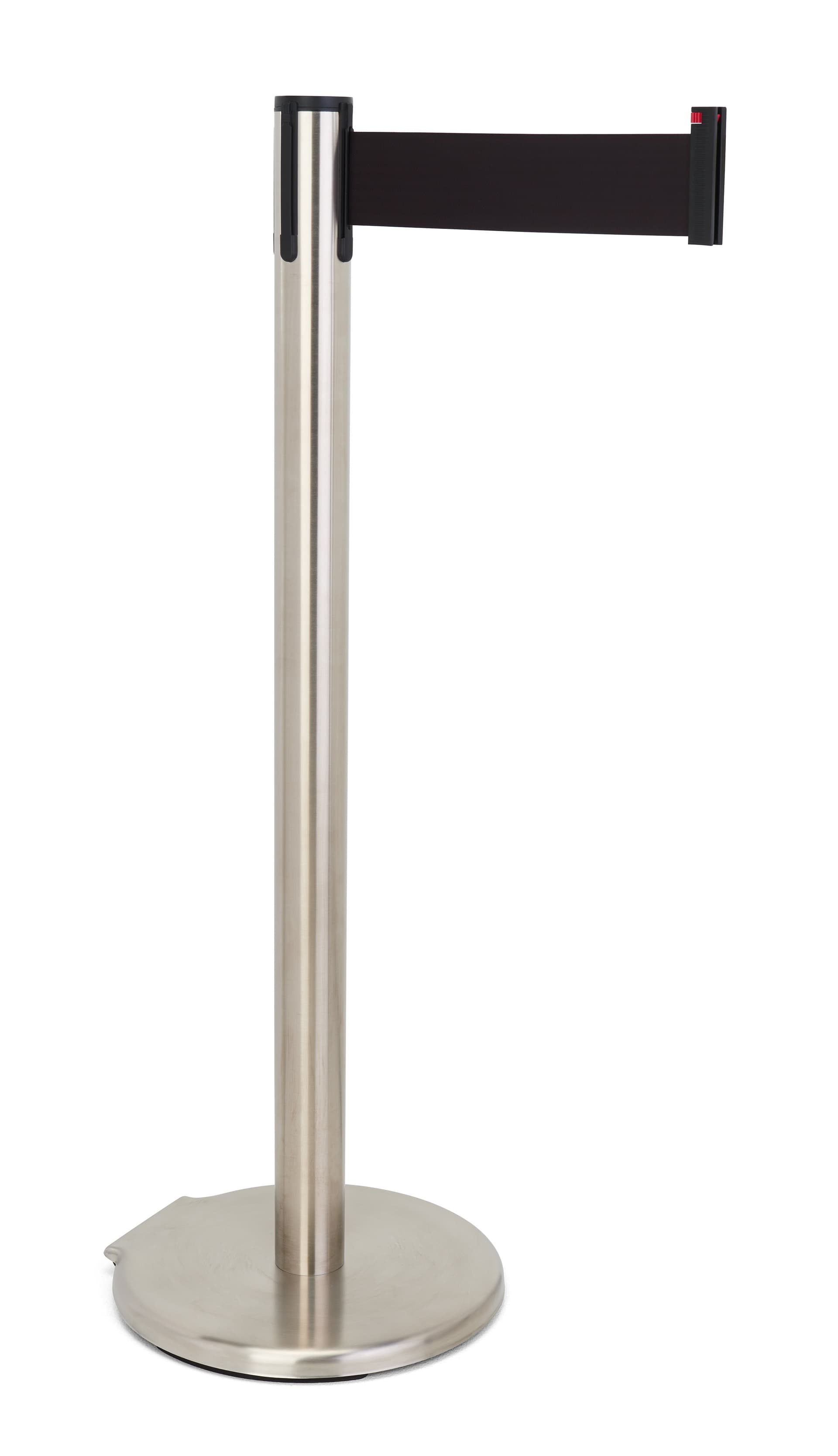 These retractable belt stanchions have a brushed silver finish