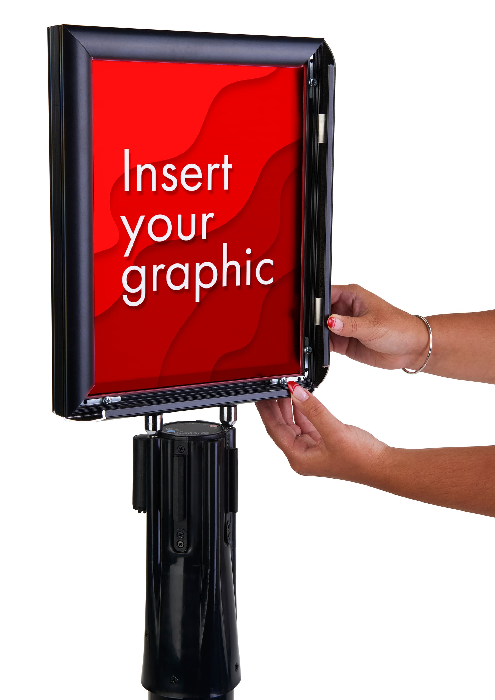 Stanchion with LED sign holder with easy snap frame 