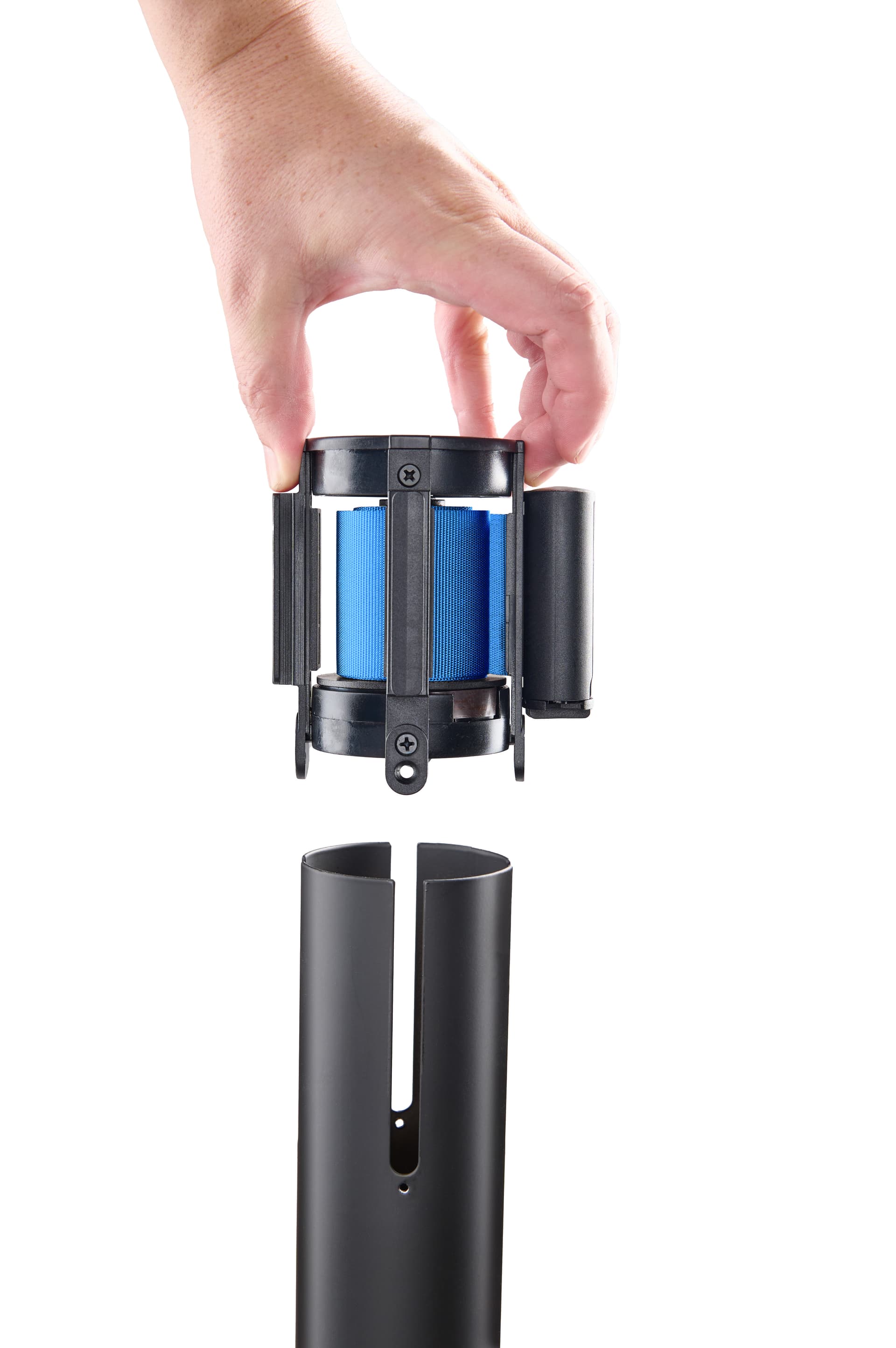 Steel stanchion with easy insert belt cartridge