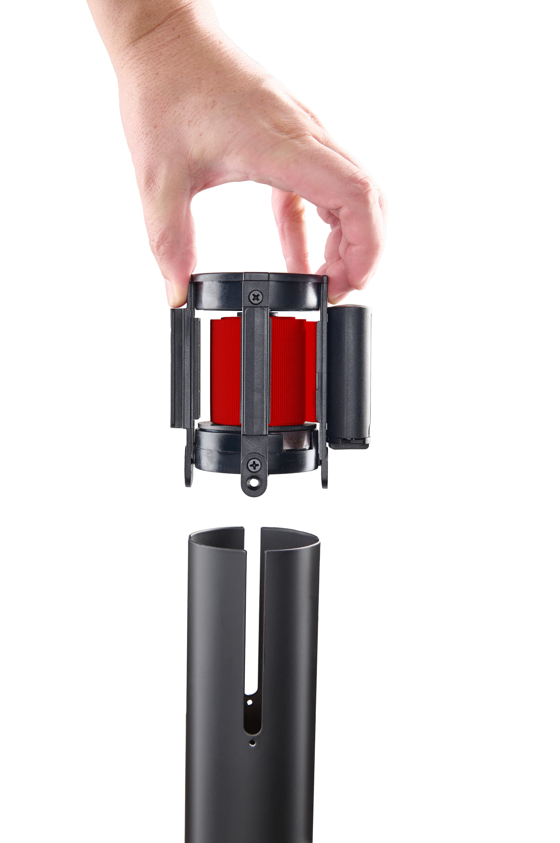 Retractable queue barrier Cartridge inserts into the stanchion post