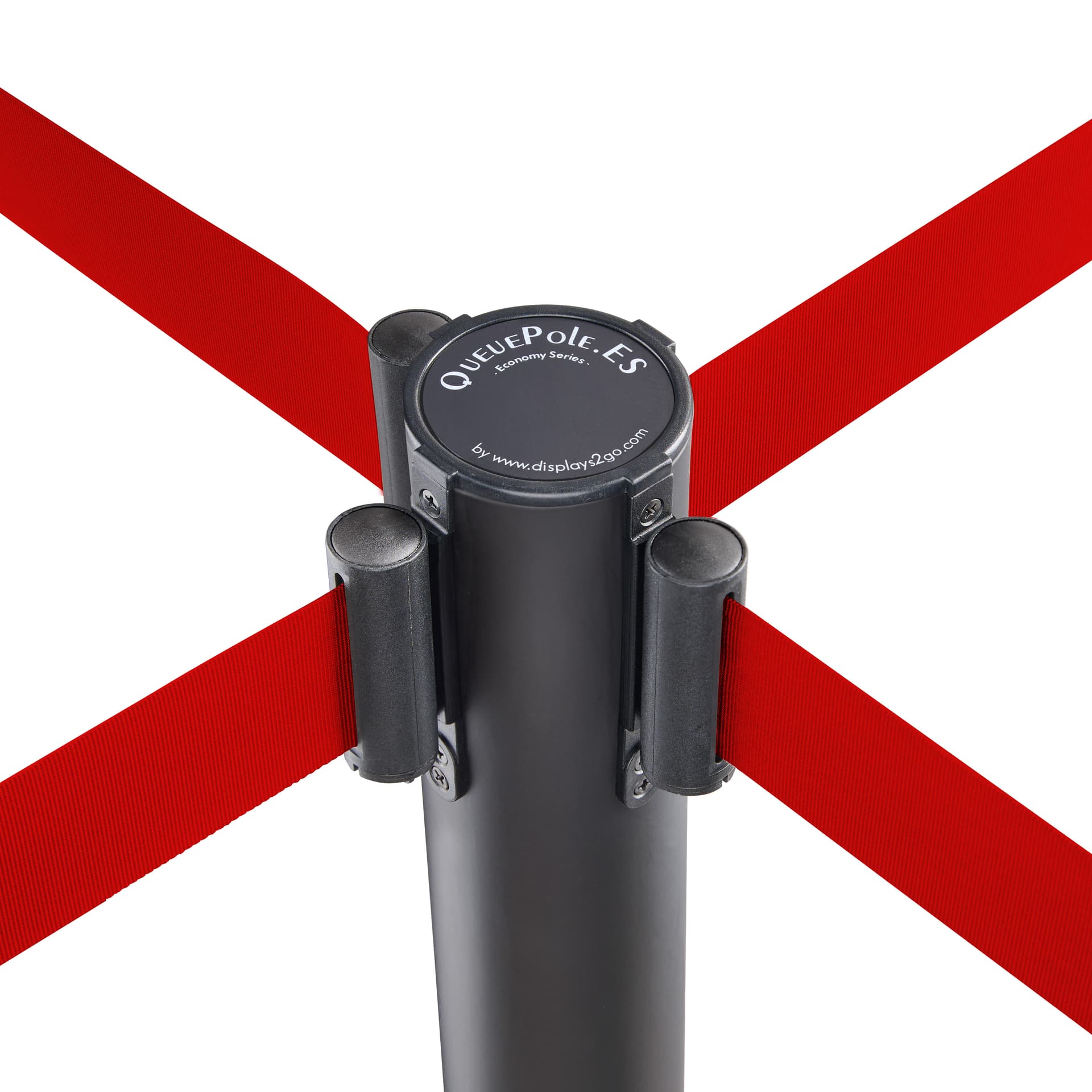 Retractable queue barrier cartridge can connect up to four belts