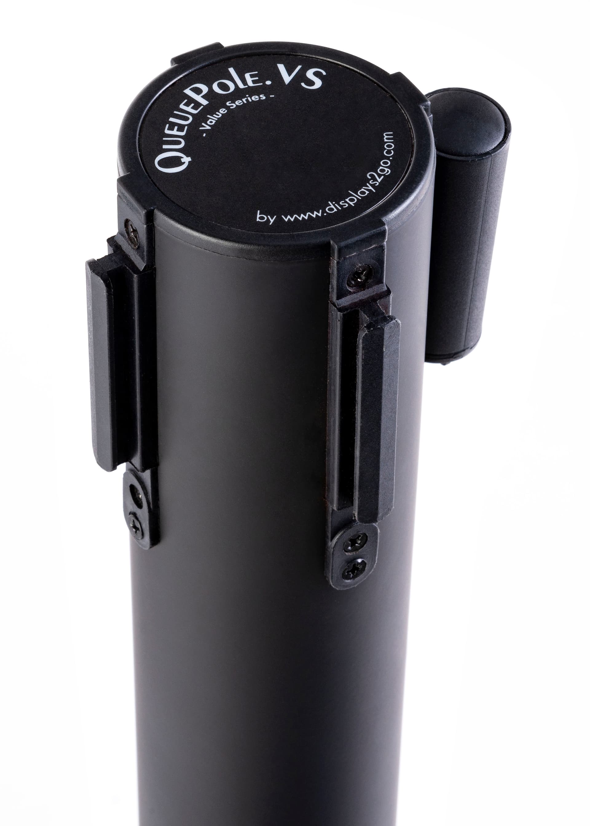 Retractable barrier stanchion with plastic cassettes secured with screws