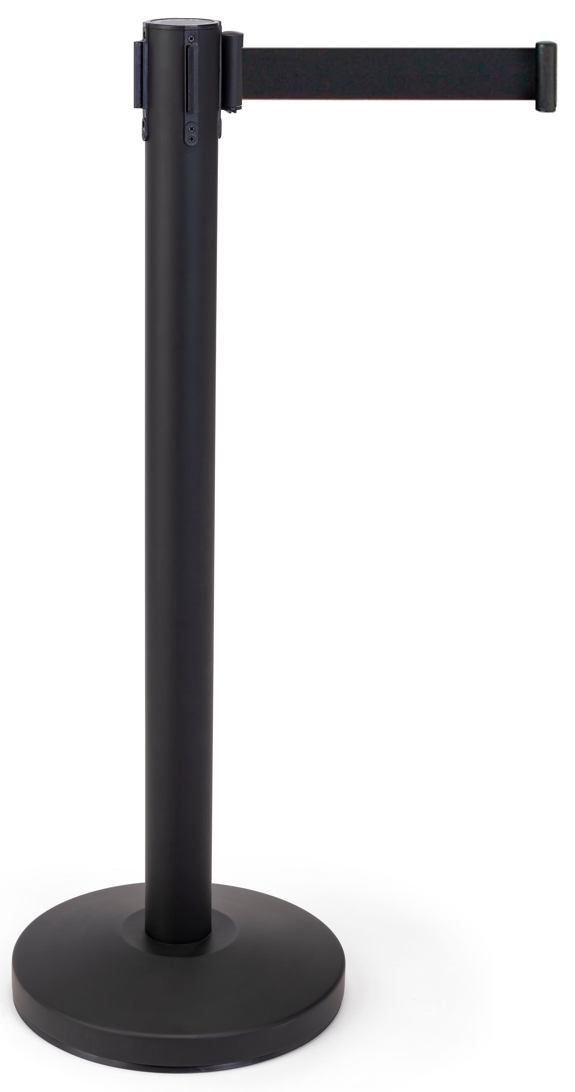 Retractable barrier stanchion with 6.5 foot black nylon belt