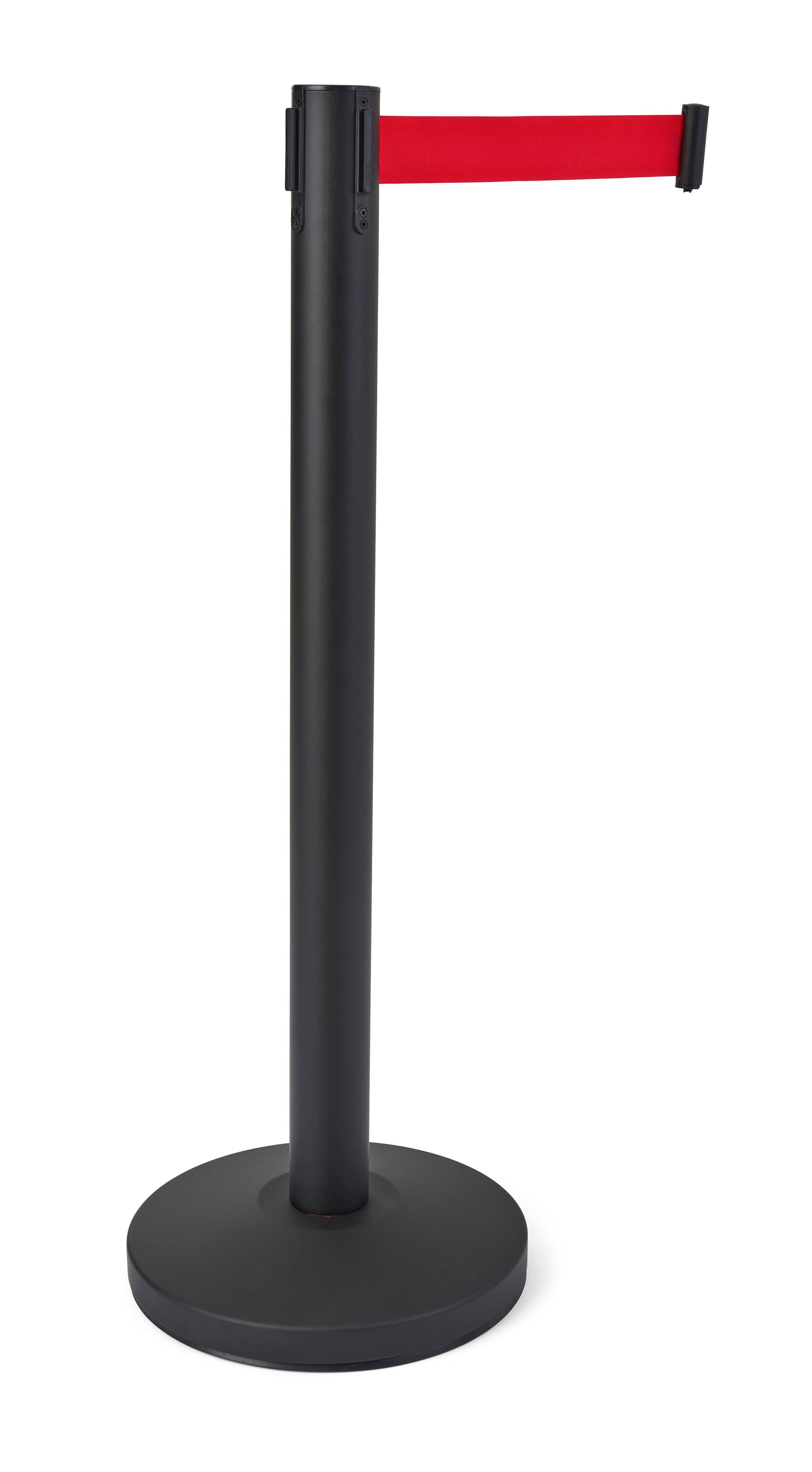 Red retractable belt barrier with a overall height of 36 inches