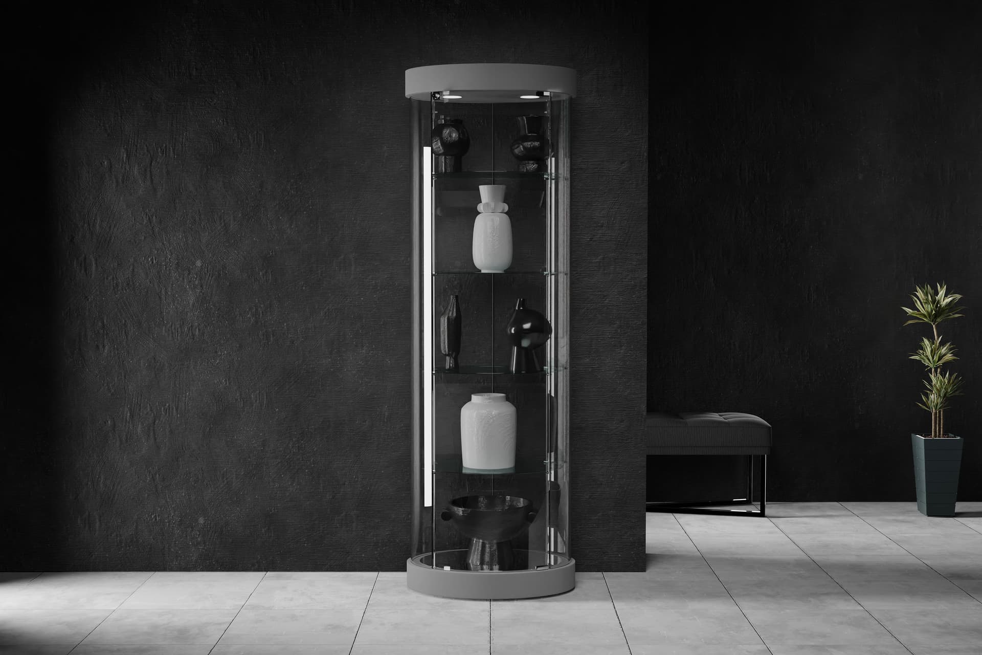 Round display case with 22 inch shelf weight capacity