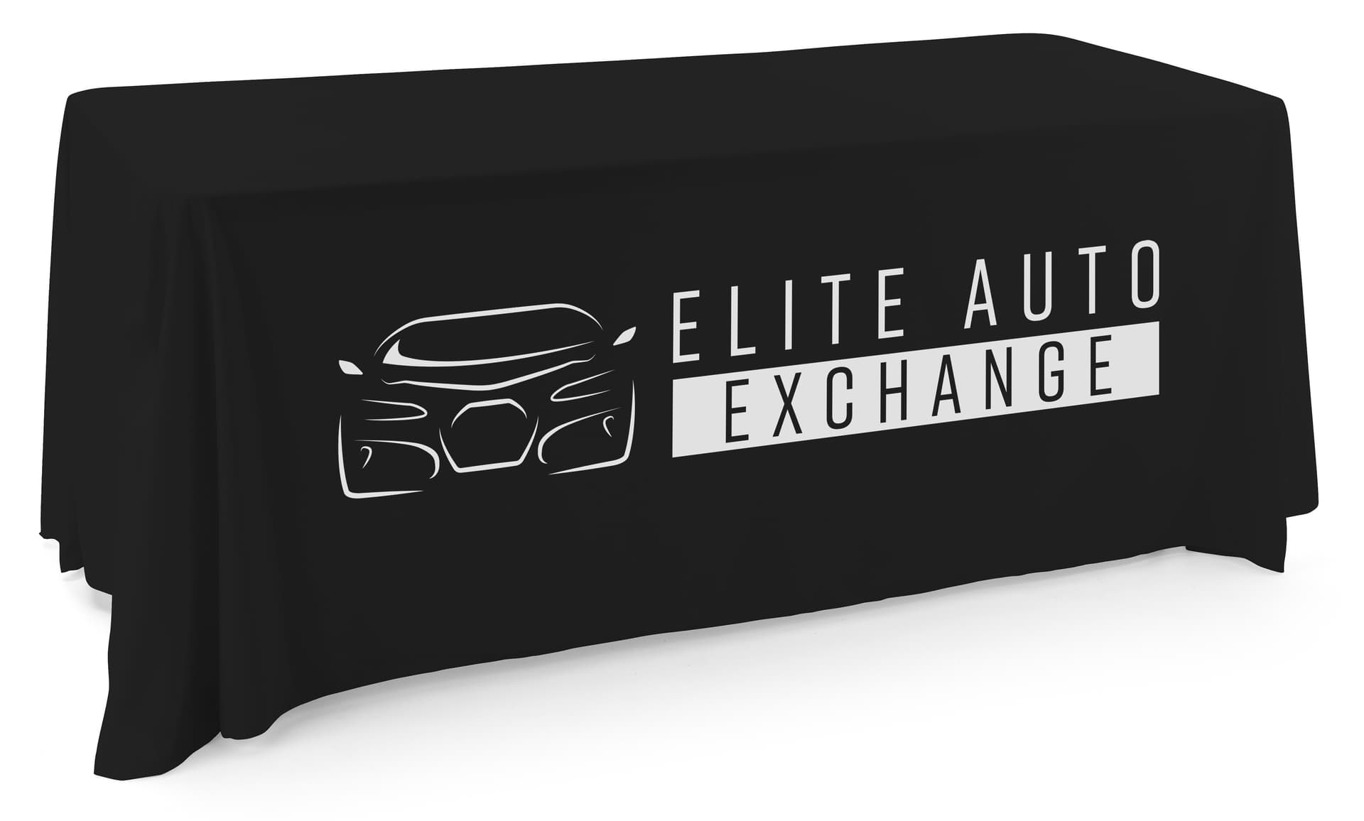 Black single sided custom table throw is a 6 foot personalized table cover