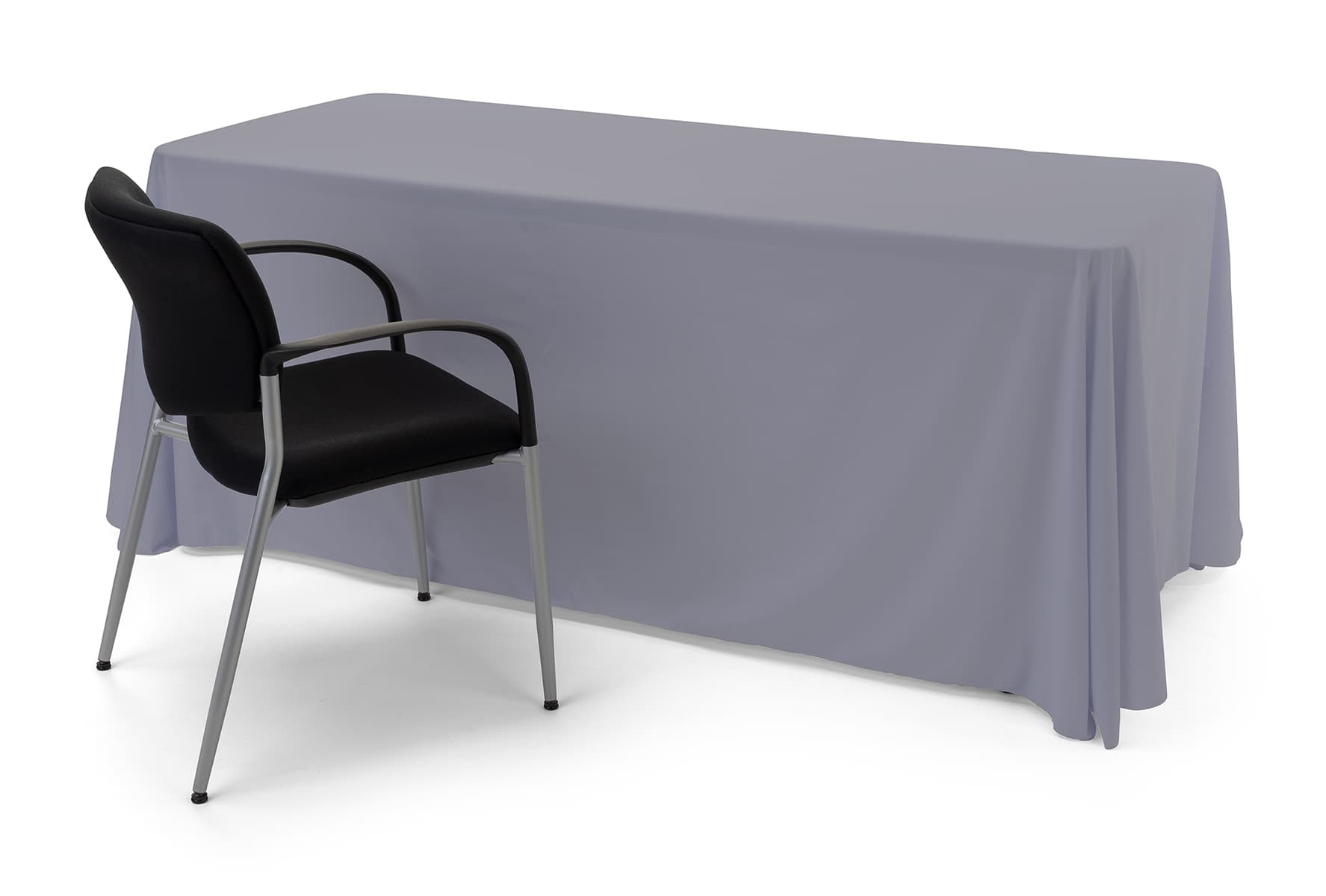 Grey polyester table cover evenly fits a 6' surface 