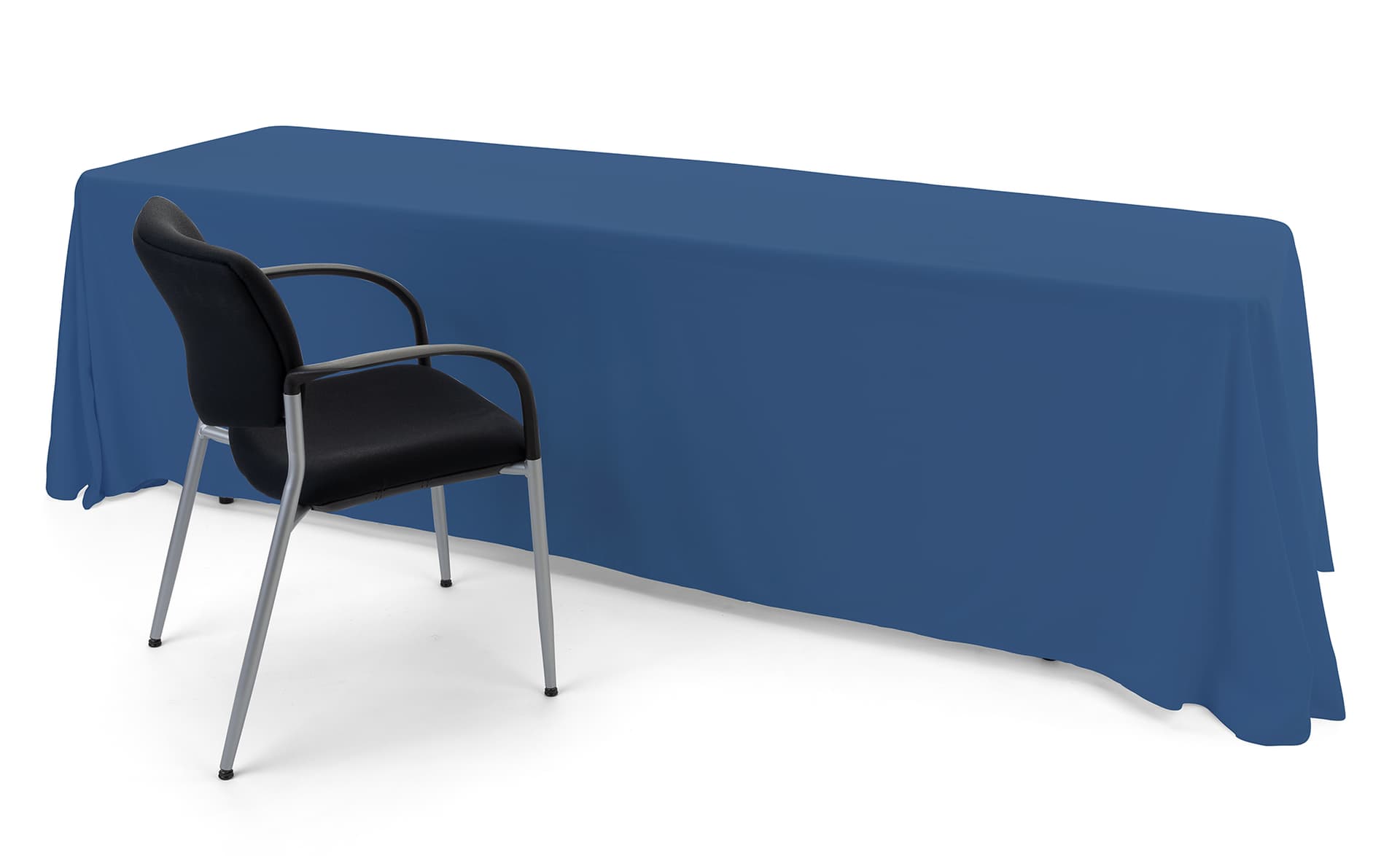 Dark blue polyester table cover fits evenly on all 4 corners 