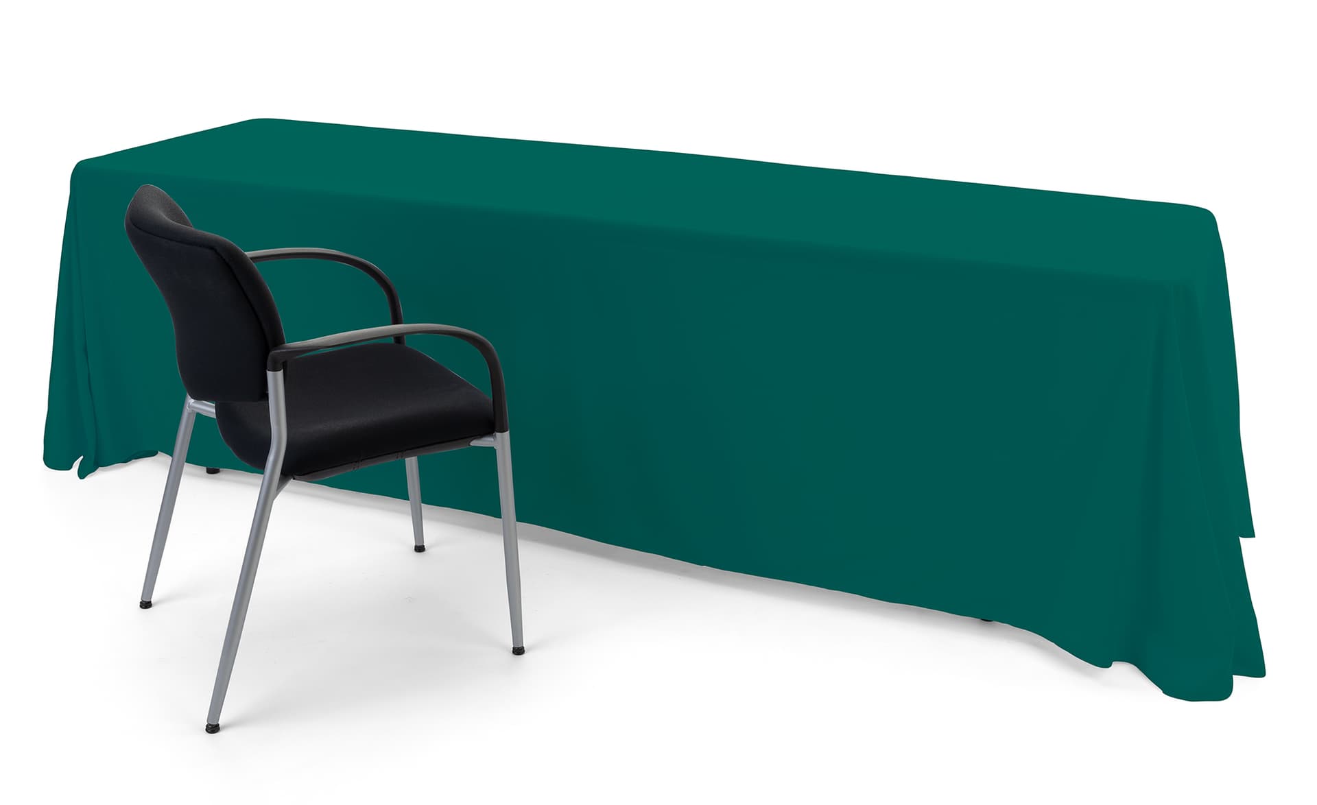 Green polyester table cover fits best on 8 foot surfaces 