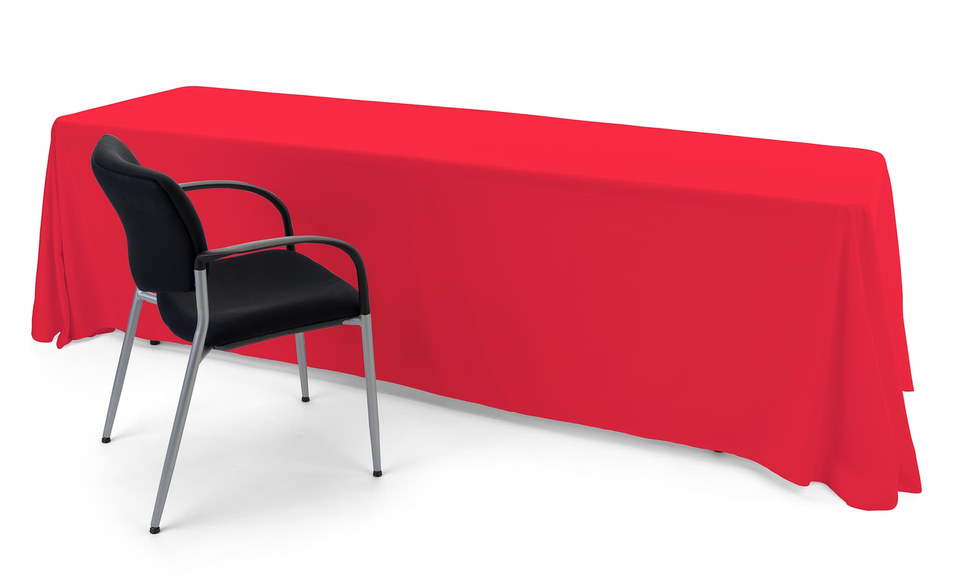 Red polyester table cover evenly fits all 4 corners 