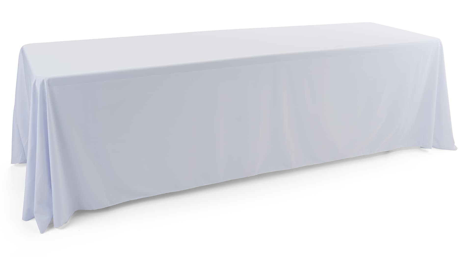 White polyester table cover with a draping display