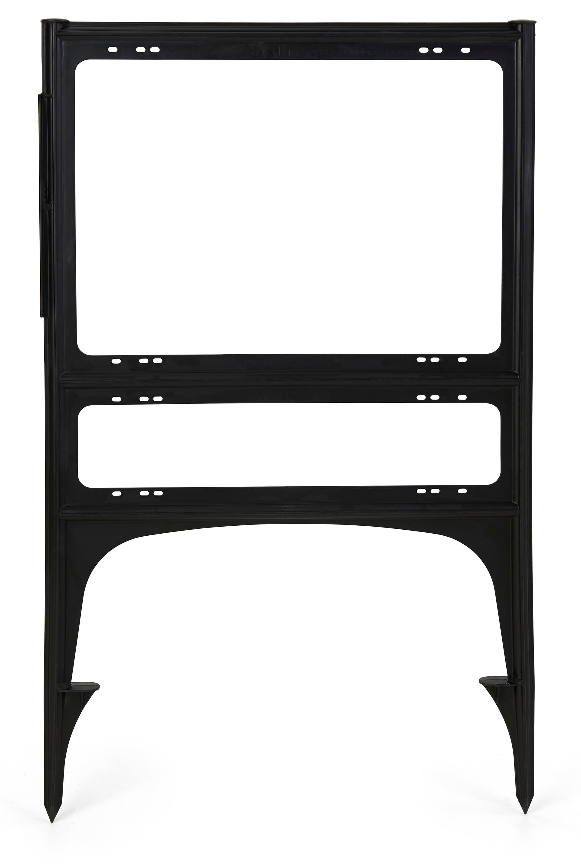 Plastic real estate sign stands with upper and lower signage frames 