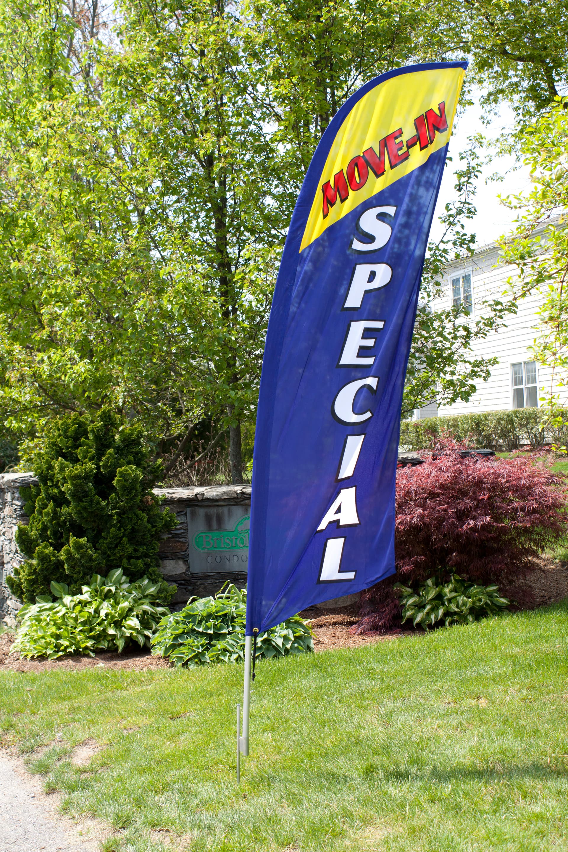 Mirrored reverse message MOVE-IN SPECIAL blue sail flag