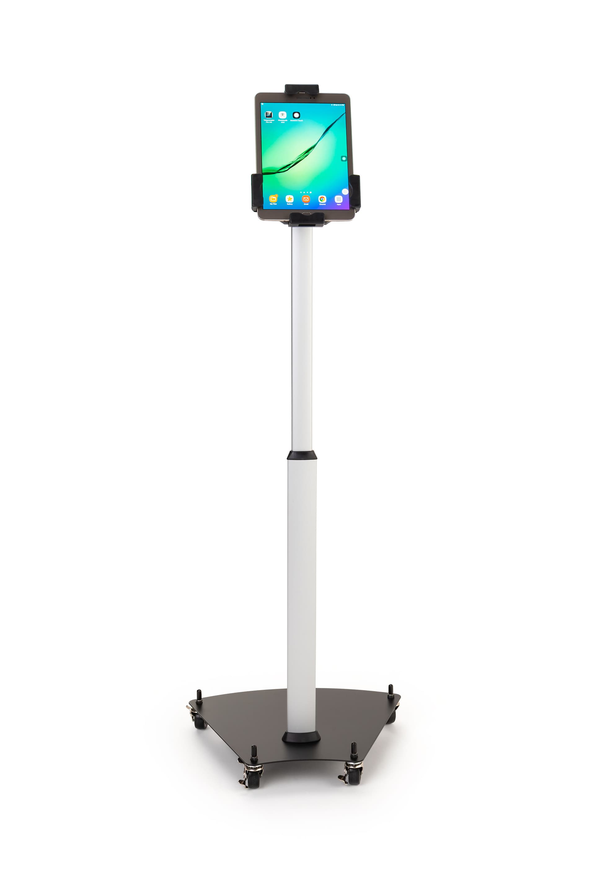 Rolling iPad stand with adjustable height for capturing perfect viewing angle 