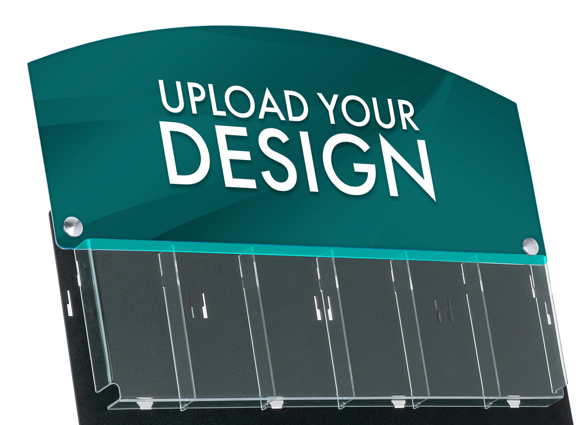 Custom display sign header for acrylic literature holders with adjustable pocket dividers 
