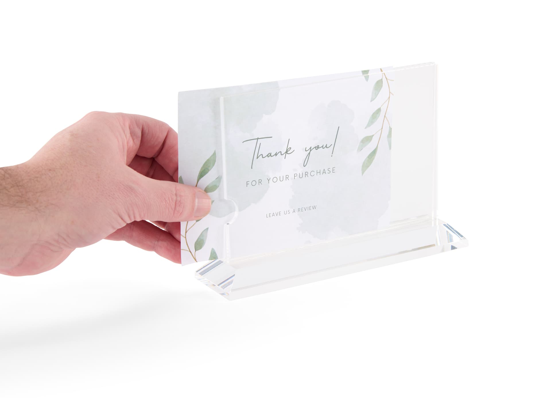 Horizontal acrylic sign holder with side thumb notch for quick graphic changes