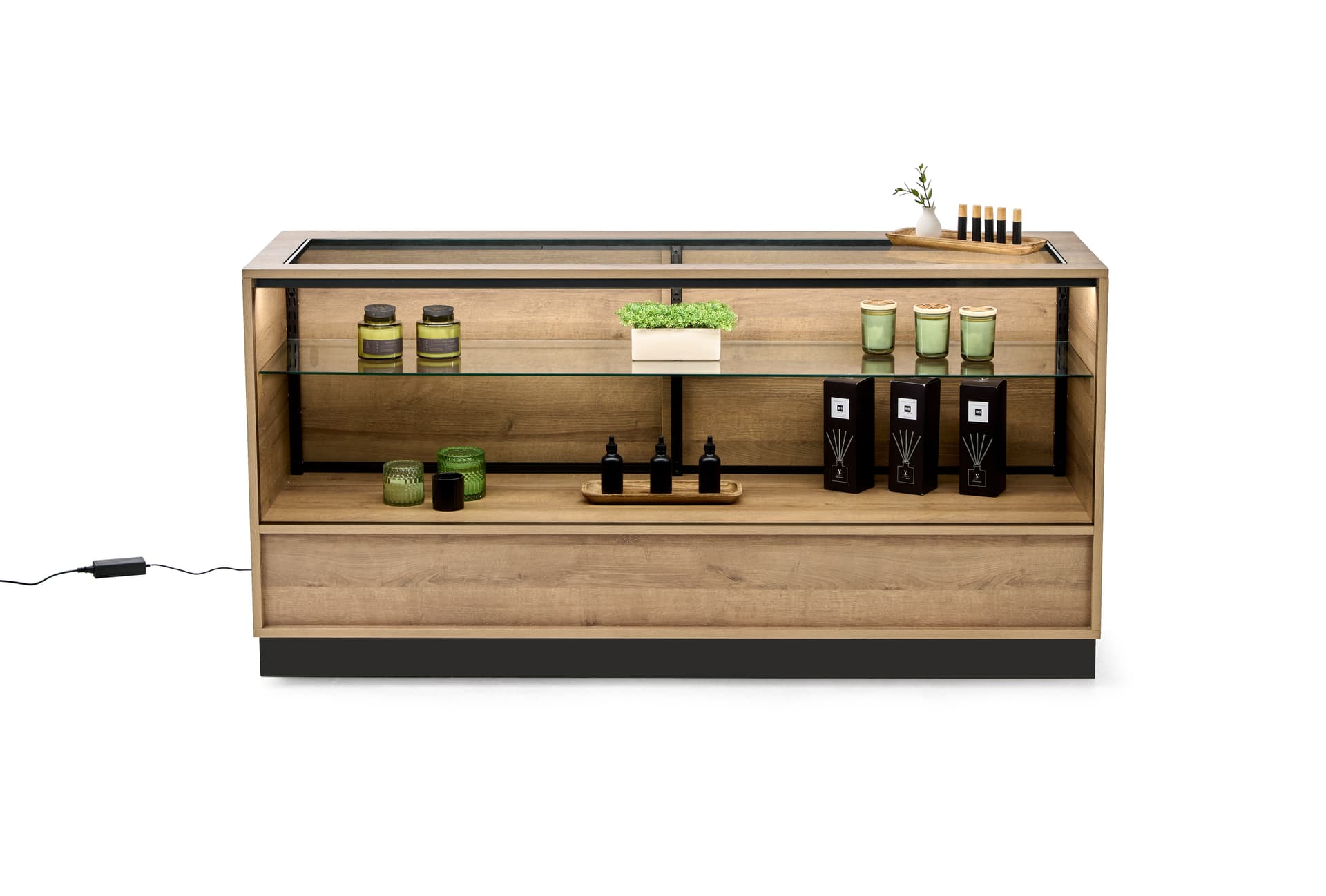 Wooden display showcase with 12 foot long powercord